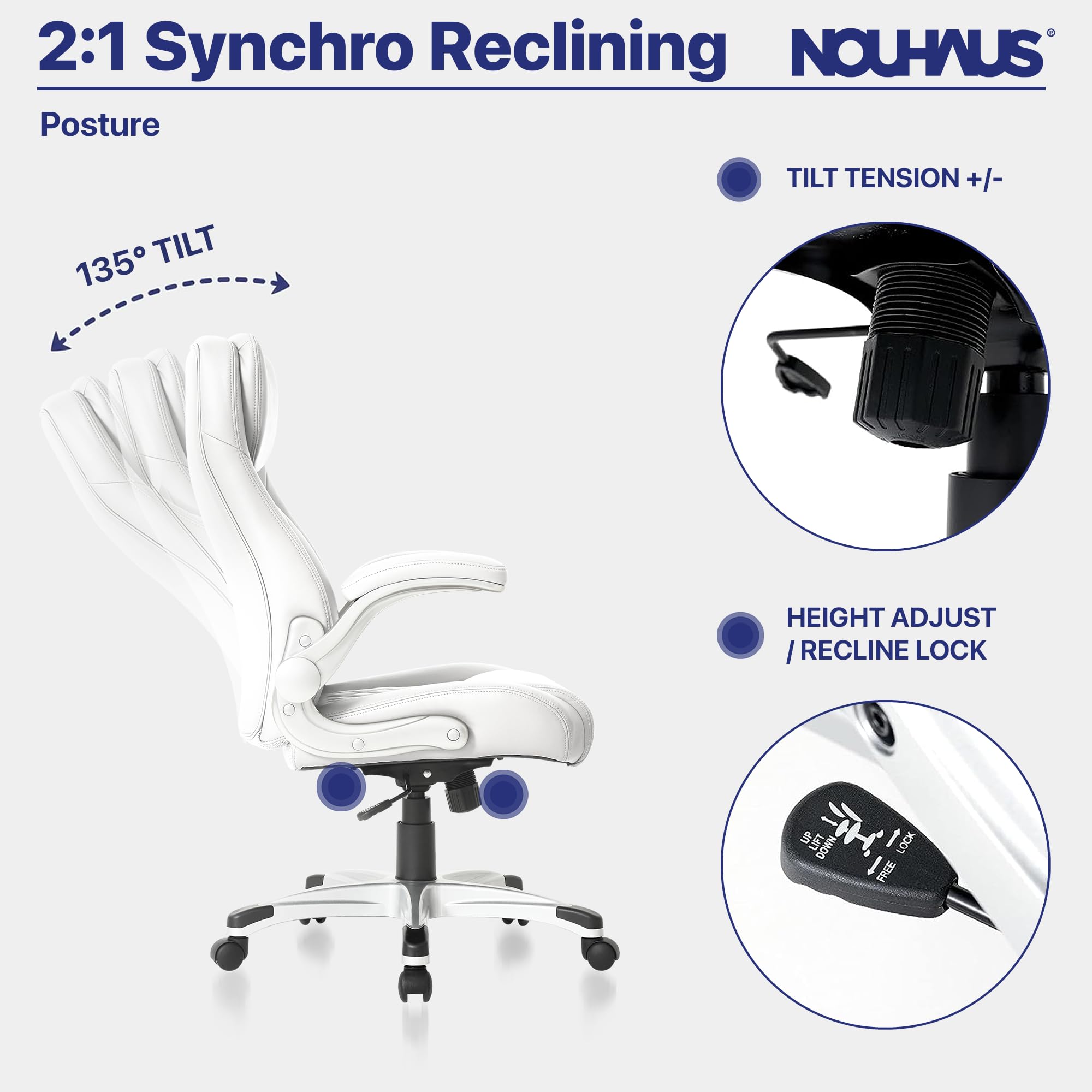 Nouhaus Ergonomic Office Chair with Posture Support - PU Leather Executive Desk Chair with Adjustable Lumbar Support & Flip-Up Armrests - Modern Computer Chair for Home & Office Workspace (White)