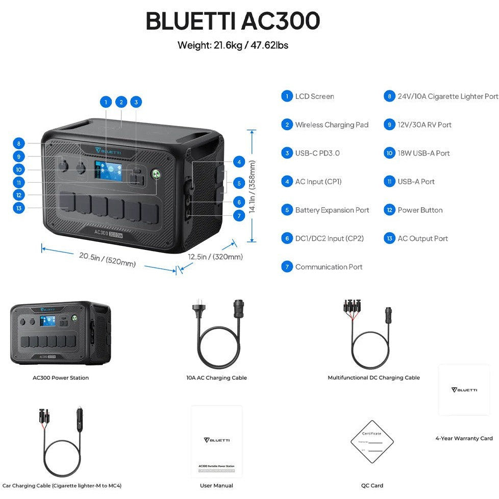 BLUETTI AC300 Expandable Solar Power Station 3000W (6000W Surge) - Portable Home Battery Backup for Camping, RV, Emergency & Off-Grid Power Supply