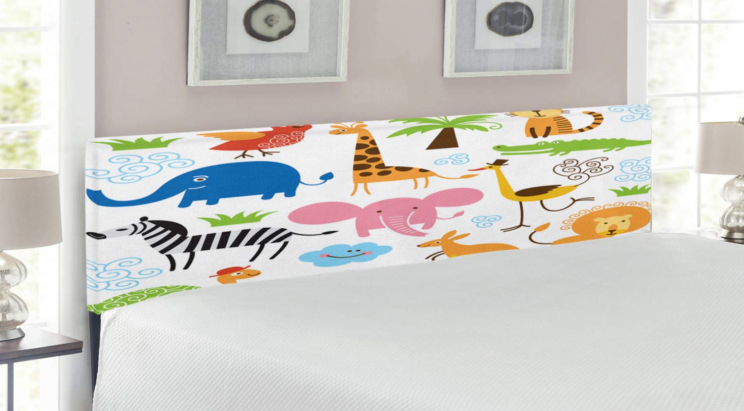Ambesonne Animal Print Headboard - Colorful Giraffe, Zebra & Turtle Themed Cartoon Illustration King Size Upholstered Metal Bed Frame with Memory Foam | Fun Kids Room Decor, Nursery Bedroom Accent Piece