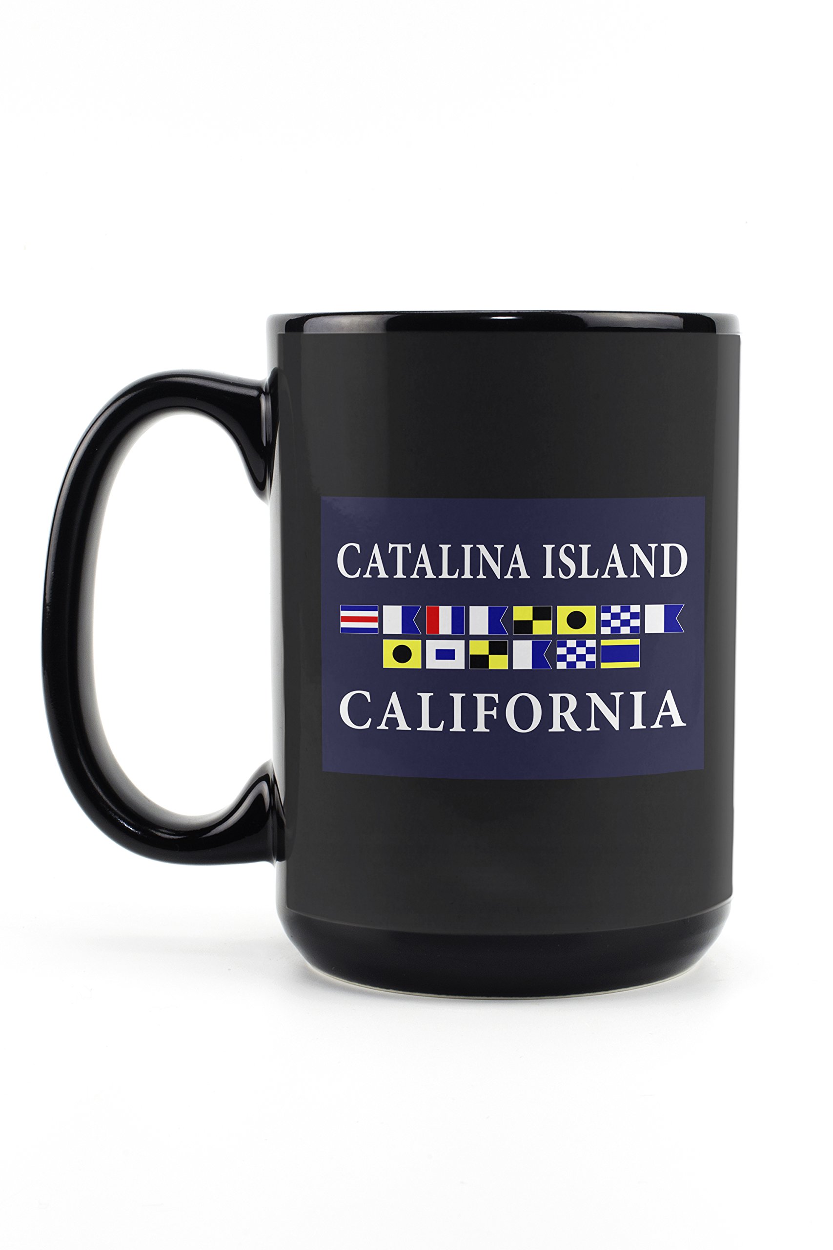 Lantern Press Catalina Island California Nautical Flags 15oz Black Ceramic Coffee Mug - Microwave & Dishwasher Safe - Perfect for Home, Office & Gifts