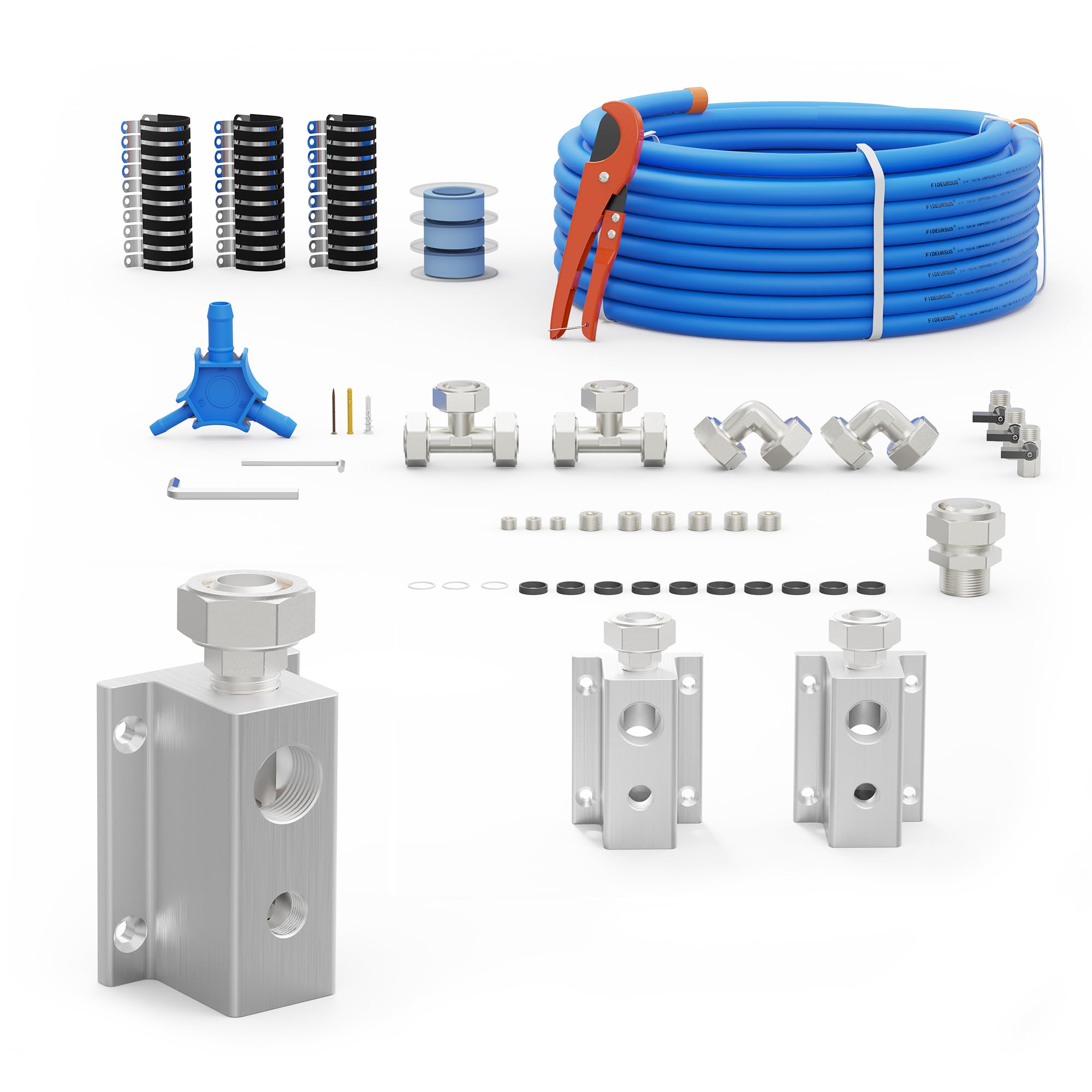 3/4 Inch ID x 100 Feet Compressed Air Piping System with 3-Way Dual-Outlet Aluminum Manifolds - 200 PSI Garage & Shop Air Compressor Line Kit (F9110) | Ideal for Automotive Repair, Woodworking, and Industrial Applications
