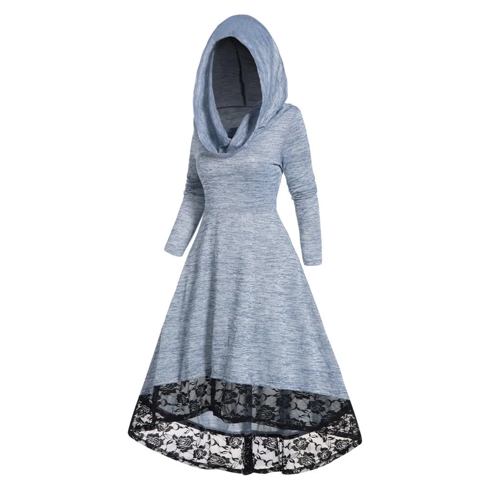 2024 Women's Autumn Space Dye Hooded Dress with Floral Lace Panel - High Waisted Long Sleeve High-Low Midi Dress for Fall Fashion | Perfect for Date Nights, Office Wear & Special Occasions
