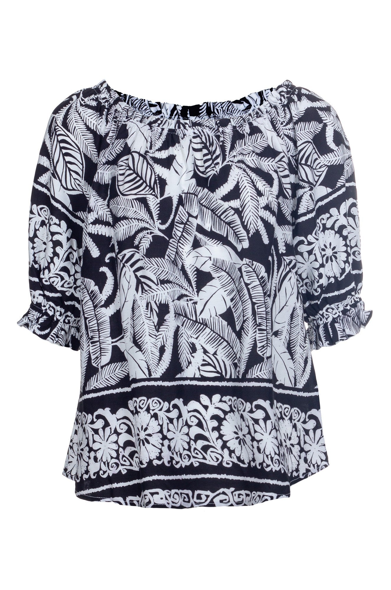 Stretchy Elastic Neckline Women's Top - Black & White Border Design | 3339A1 | Perfect for Casual Wear, Office Outfits & Night Out