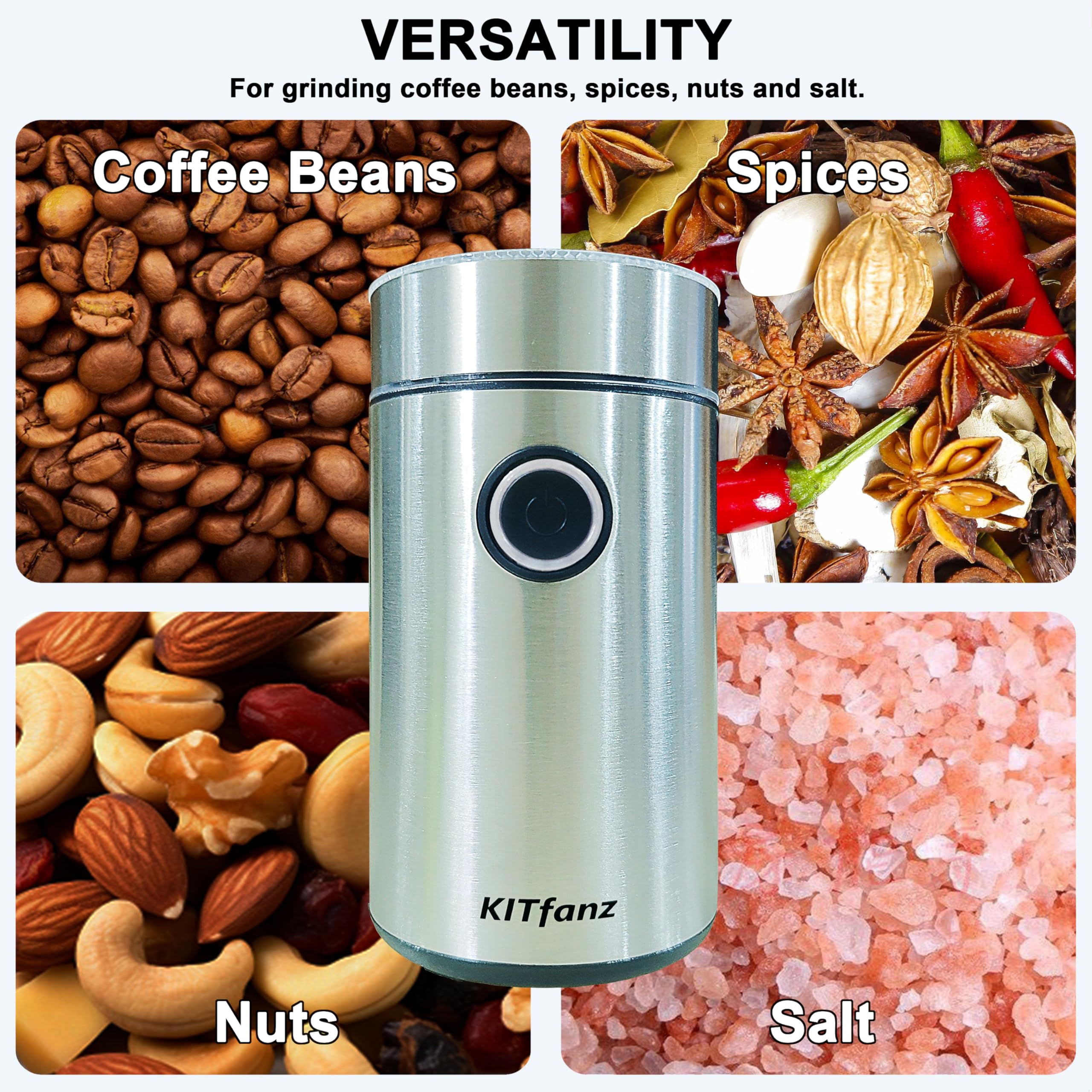 Stainless Steel Electric Coffee Grinder for Espresso, Spice & Nuts - One-Touch Operation
