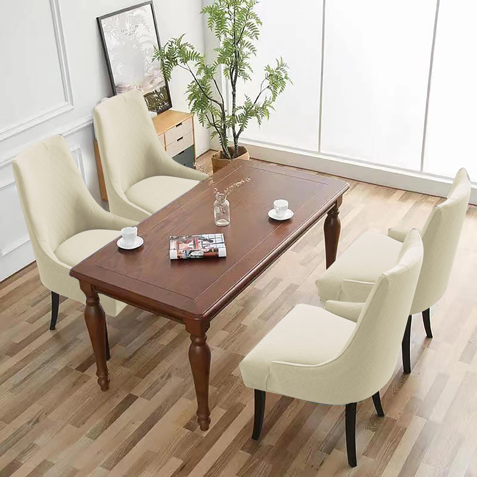 KELUINA Stretch Rhombic Geometric Wingback Chair Slipcovers - Washable & Reusable Armchair Protector Set of 4 for Dining Room, Living Room (Beige) | Perfect for Home Decor, Furniture Protection & Easy Cleaning