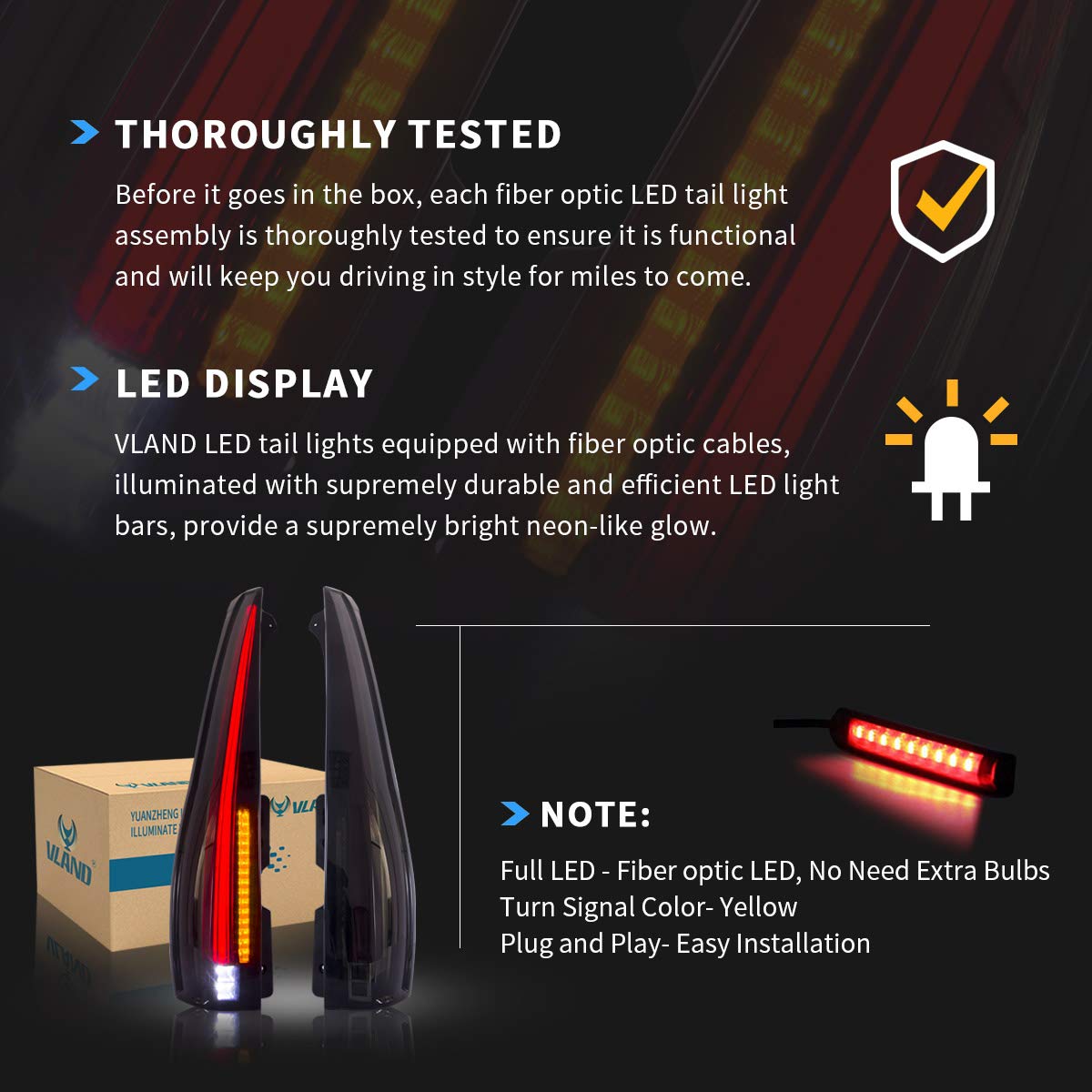 VLAND LED Tail Lights for Chevy Tahoe Suburban & GMC Yukon 2007-2014 - Smoked/Tinted Full LED Rear Lamp Assembly with Yellow Turn Signal (5-Pin Connector) - Perfect for Off-Roading, Night Driving & Vehicle Customization