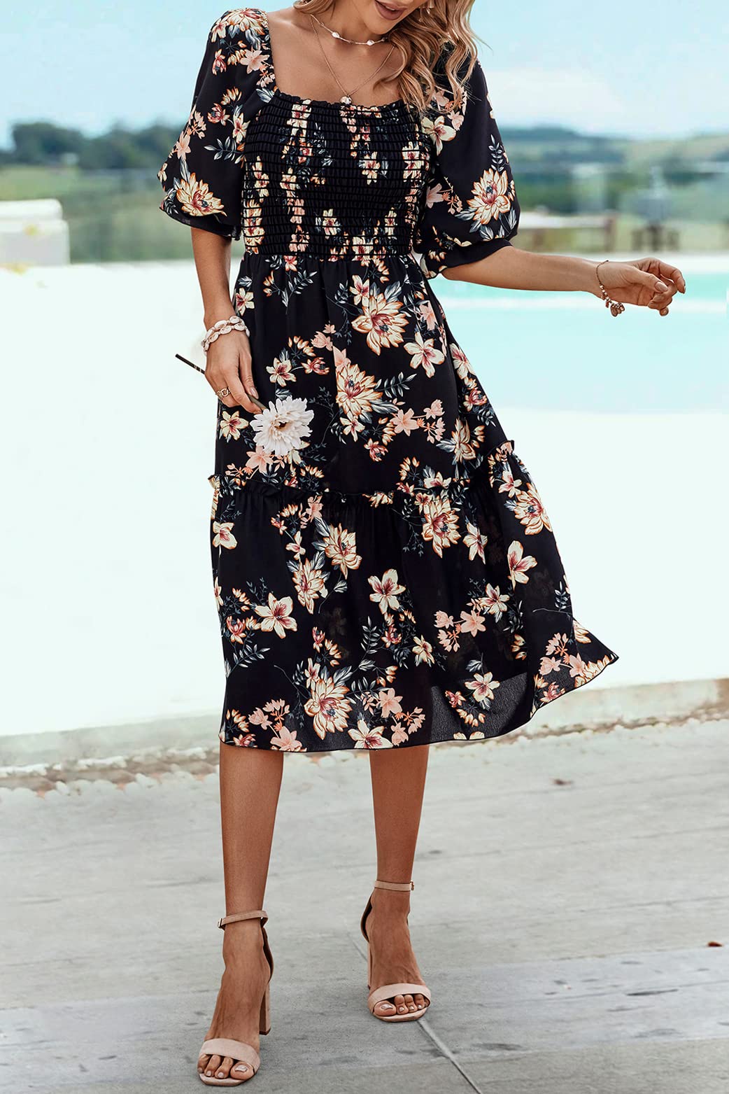 PRETTYGARDEN Women's Summer Casual Dress 2025 - Puff Sleeve Square Neck A-Line Flowy Boho Floral Smocked Midi Dress for Spring/Summer, Beach Vacation, Date Night & Outdoor Parties