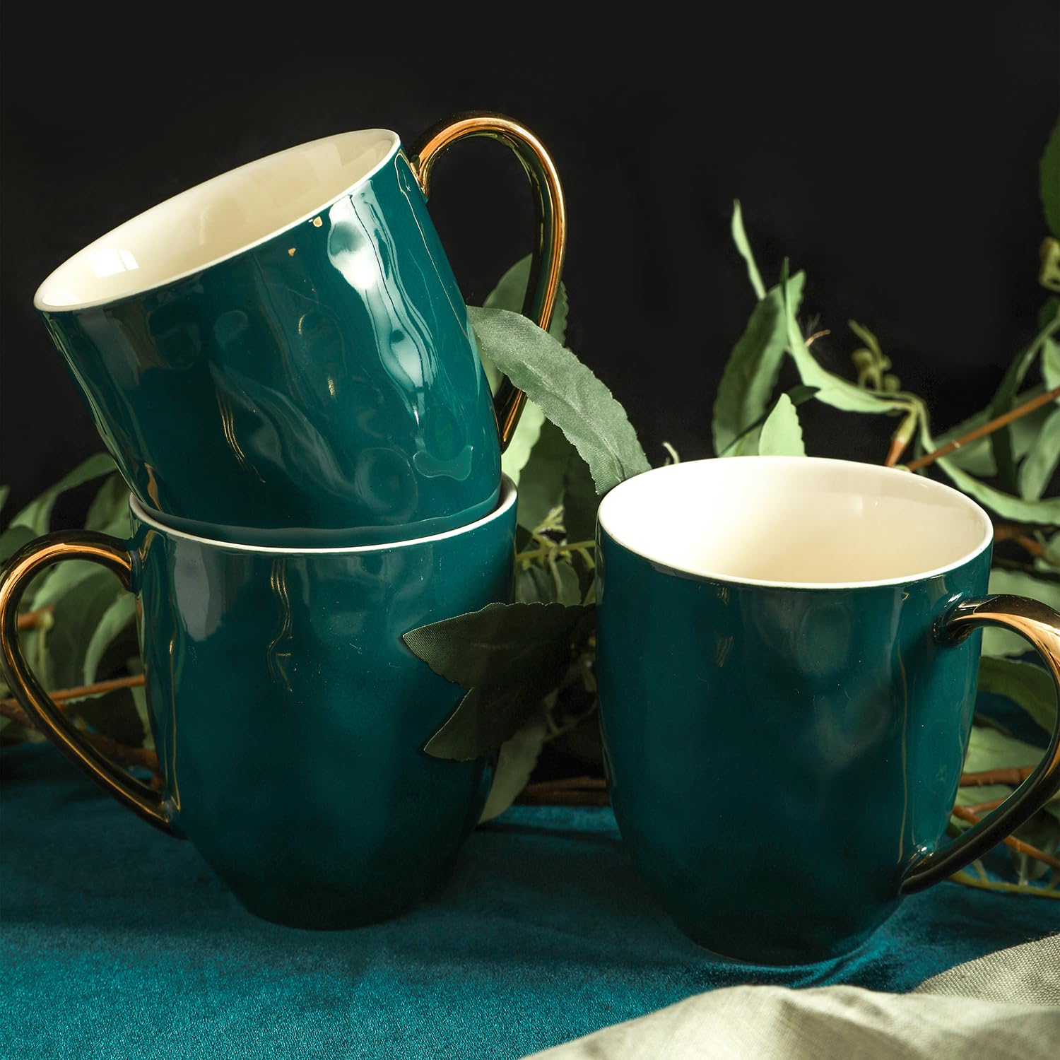 Florian Modern Porcelain 16-Piece Dinnerware Set - Green & Gold Rim Plates & Bowls for 4 - Elegant Stone Lain Dish Set for Dining, Entertaining & Everyday Use