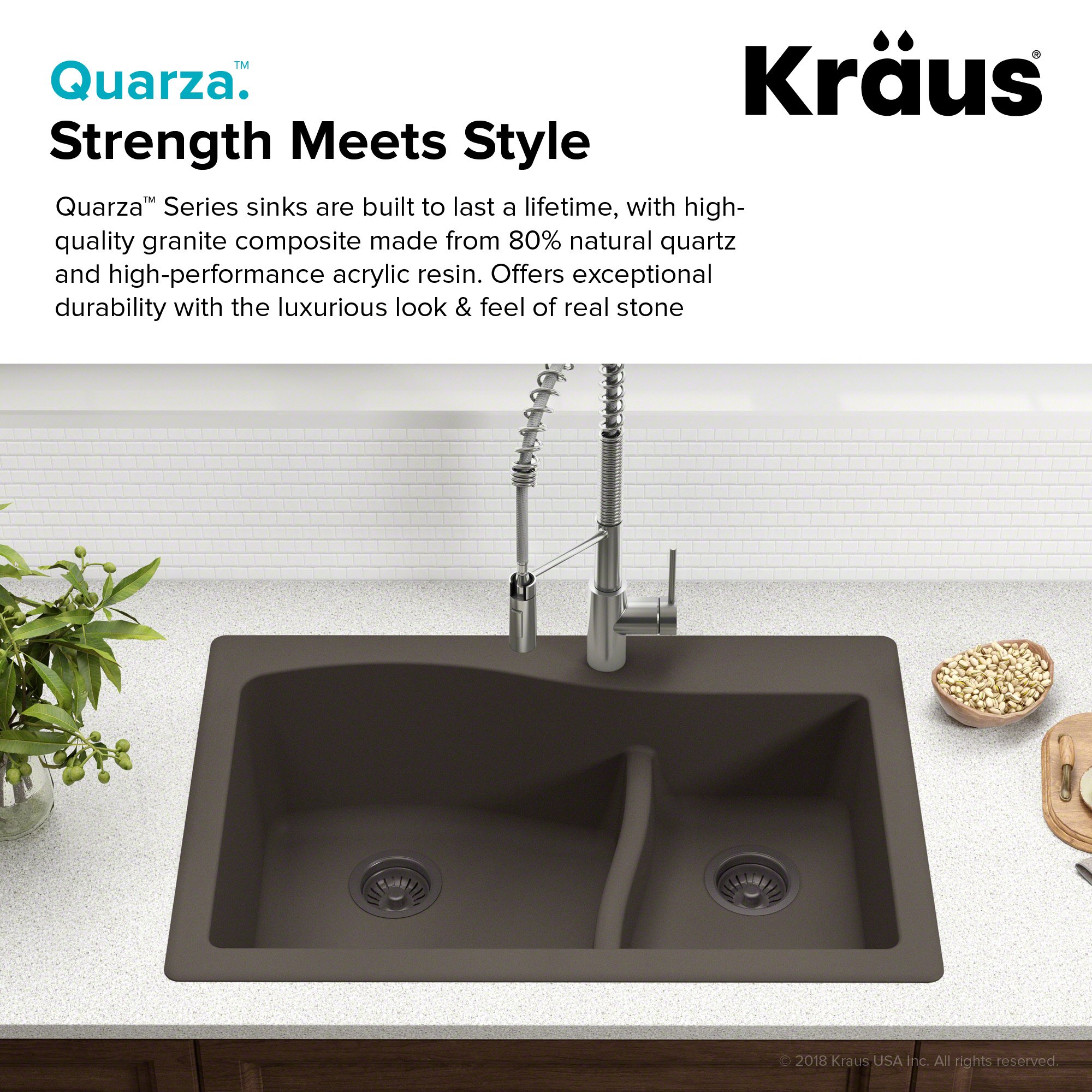 KRAUS Quarza™ 33-Inch Black Granite Dual Mount 60/40 Double Bowl Kitchen Sink with WasteGuard™ Continuous Feed Garbage Disposal (KGD-442BL-100-75MB) - Perfect for Modern Kitchens, Remodeling & Heavy-Duty Cooking