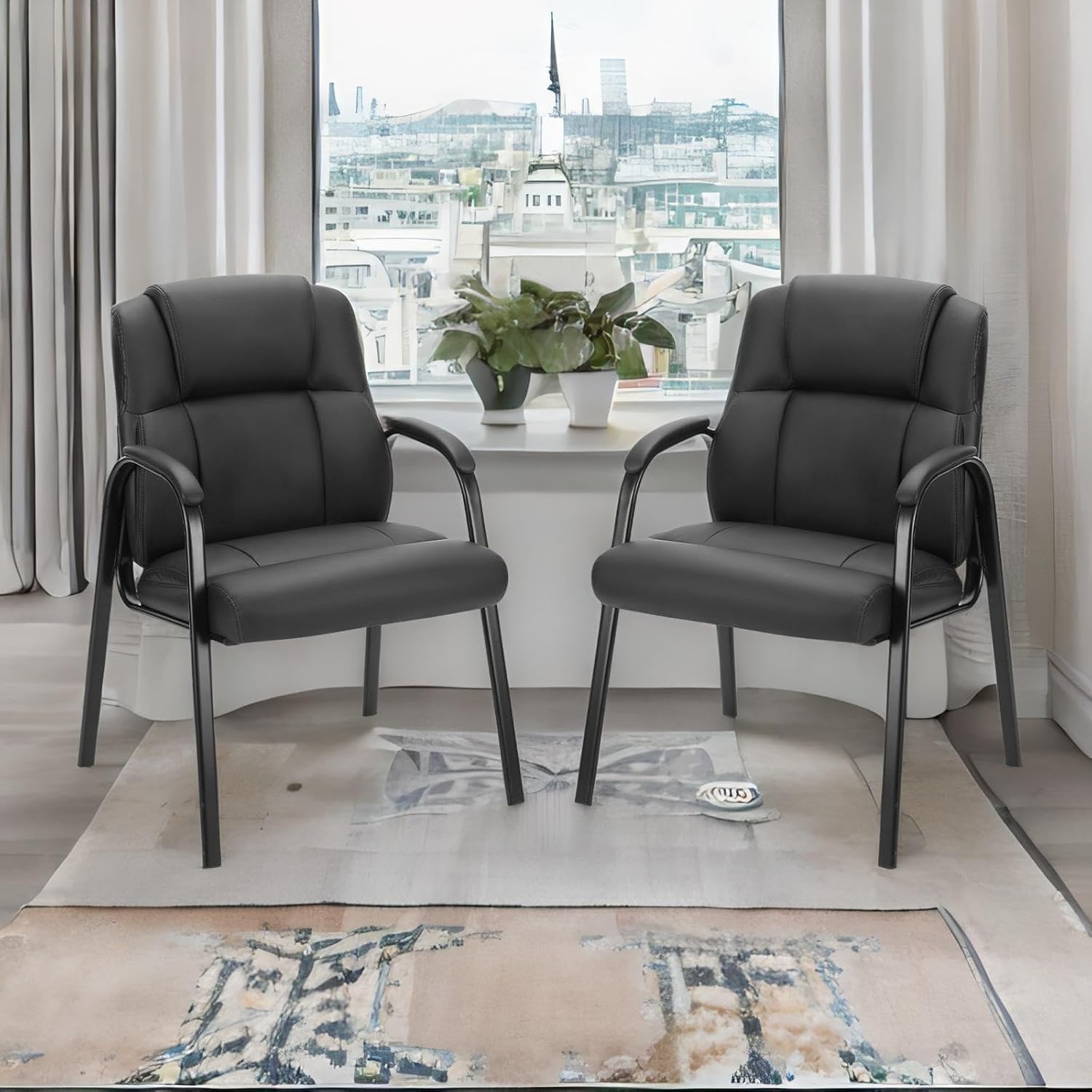 Sweetcrispy Set of 2 PU Leather Executive Office Chairs - Big and Tall Guest Chairs with Padded Arms, No Wheels for Waiting Room, Reception, Conference Room & Lobby - Perfect for Professional Offices, Hotels, and Corporate Spaces