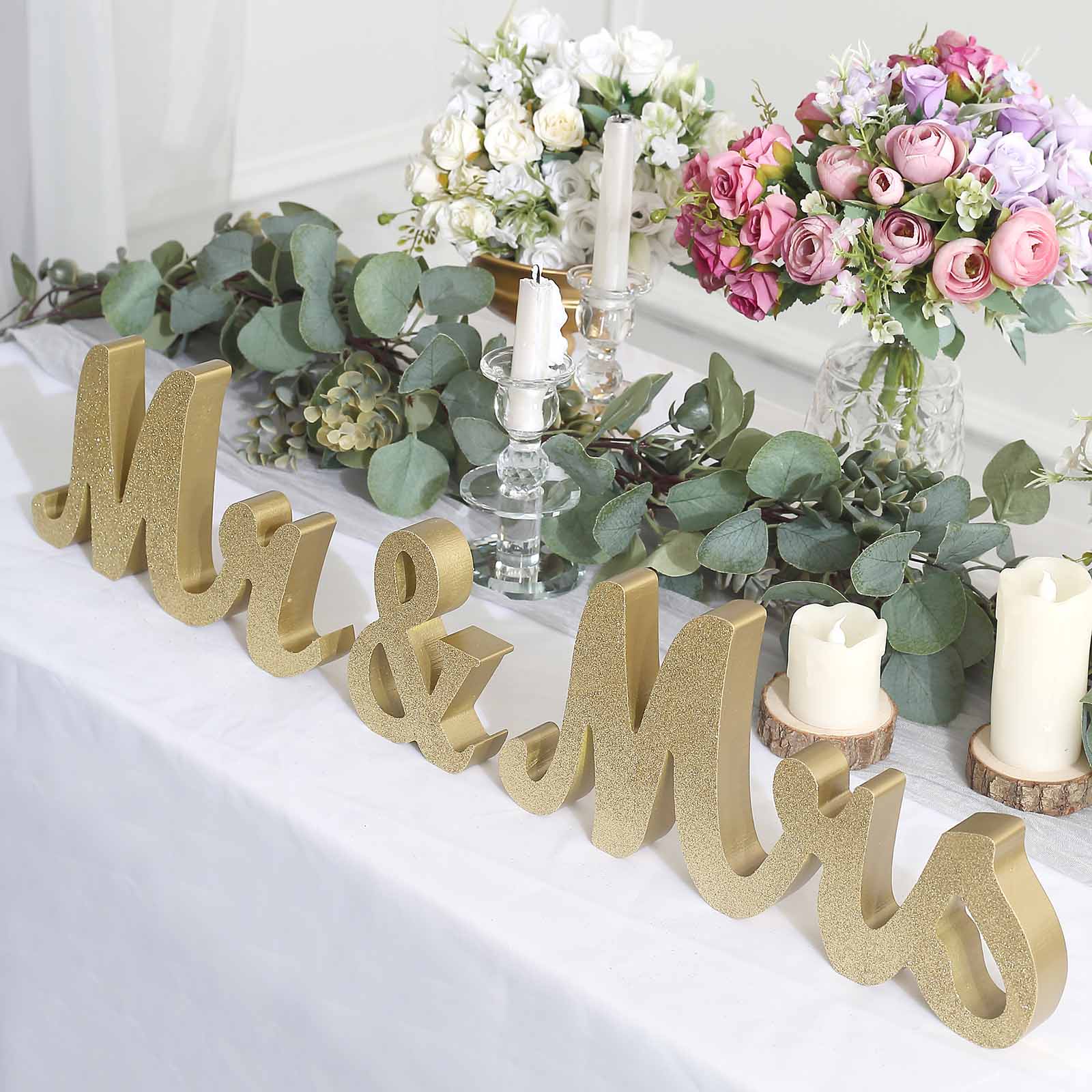 Glittered Wooden Mr & Mrs Freestanding Wedding Table Signs - Elegant Couple Name Display for Wedding Reception, Anniversary & Romantic Decor