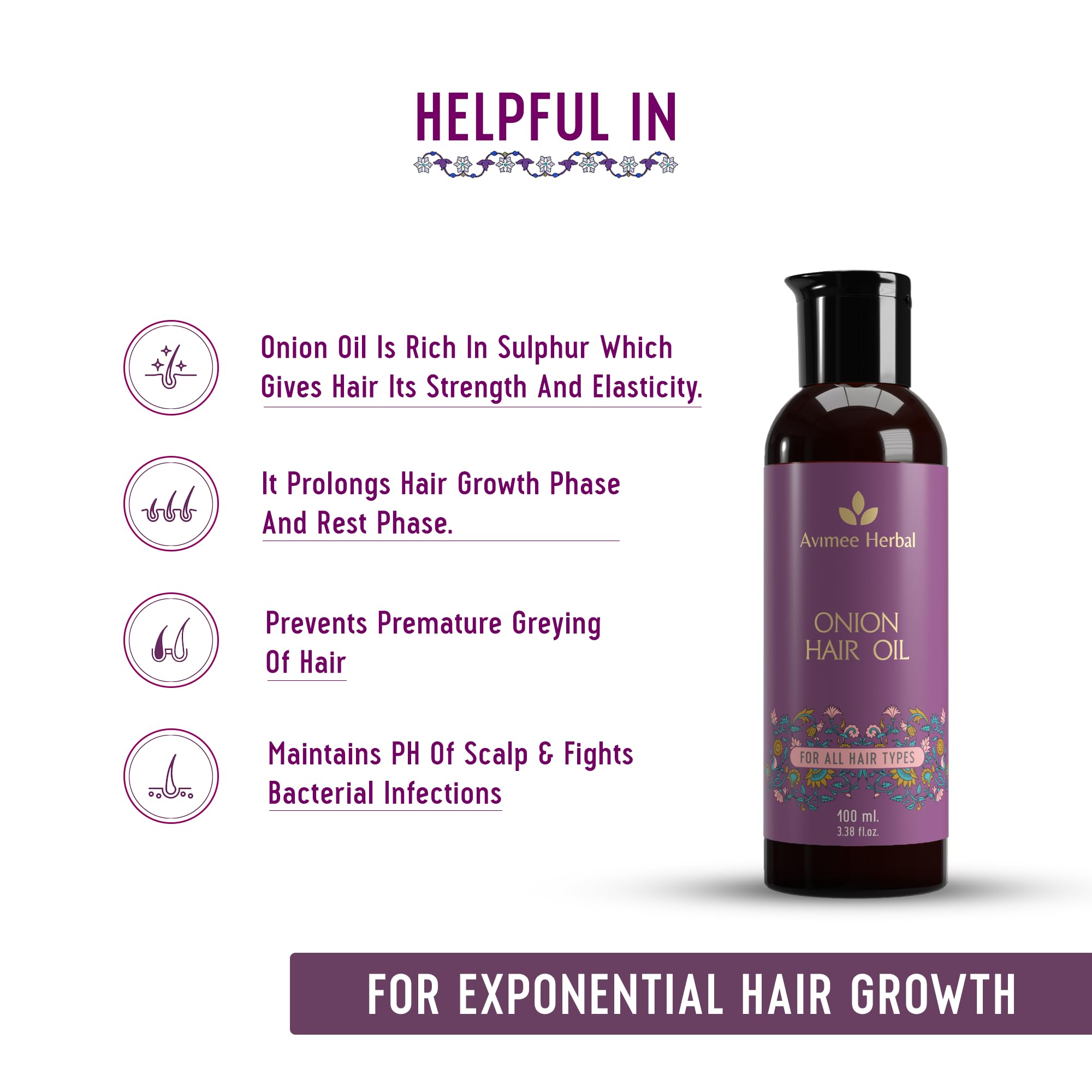 Avimee Herbal Keshpallav Onion Hair Oil for Long & Strong Hair Growth - Red, Black, Yellow & Green Onion Seed Oil Blend - Mineral Oil & Fragrance Free - 100ml - Promotes Hair Growth & Reduces Hair Fall for Men & Women