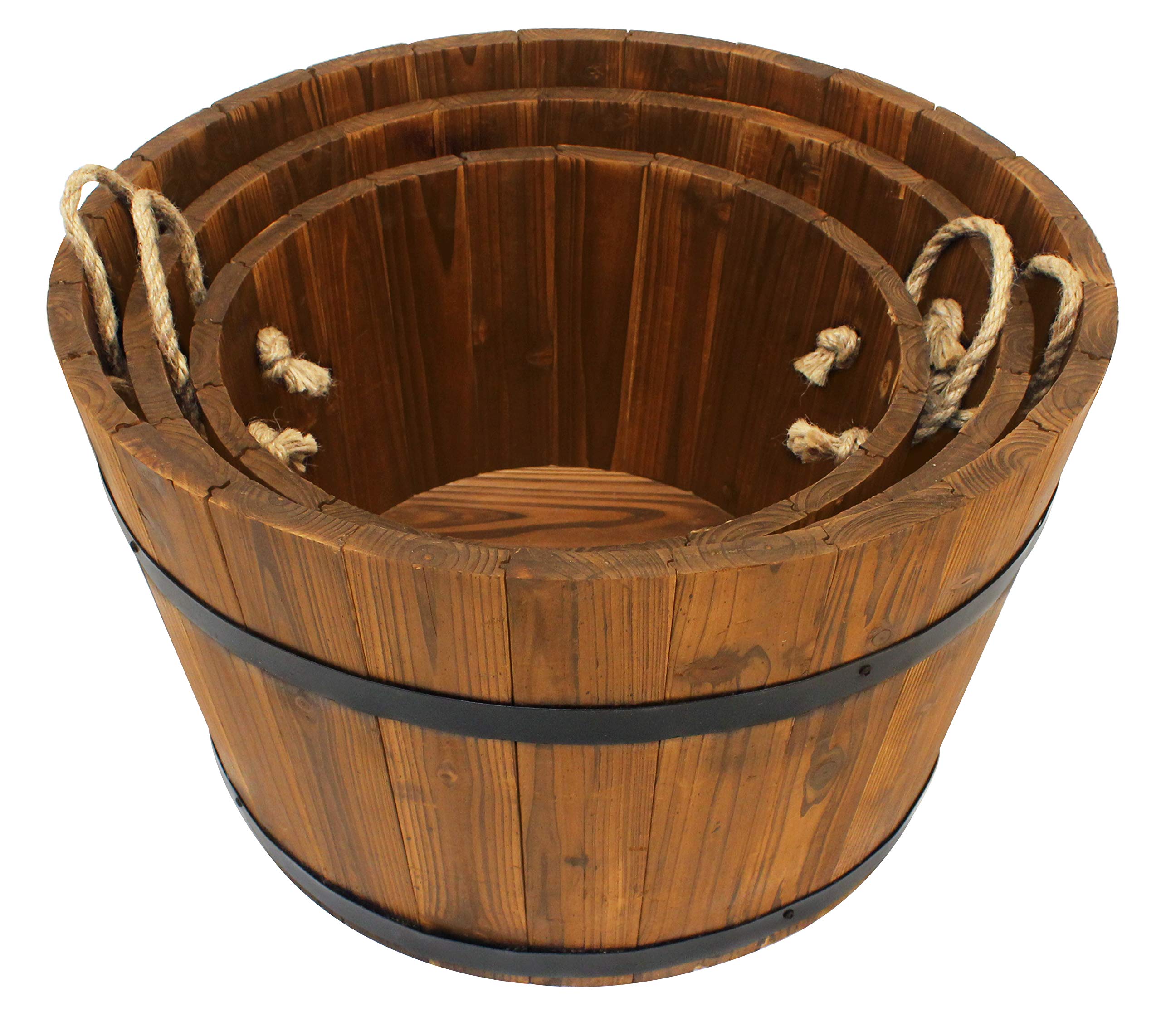 3-Piece Wooden Bucket Planter Set - Rustic Brown Indoor/Outdoor Flower Pots for Home Garden, Patio, and Farmhouse Decor