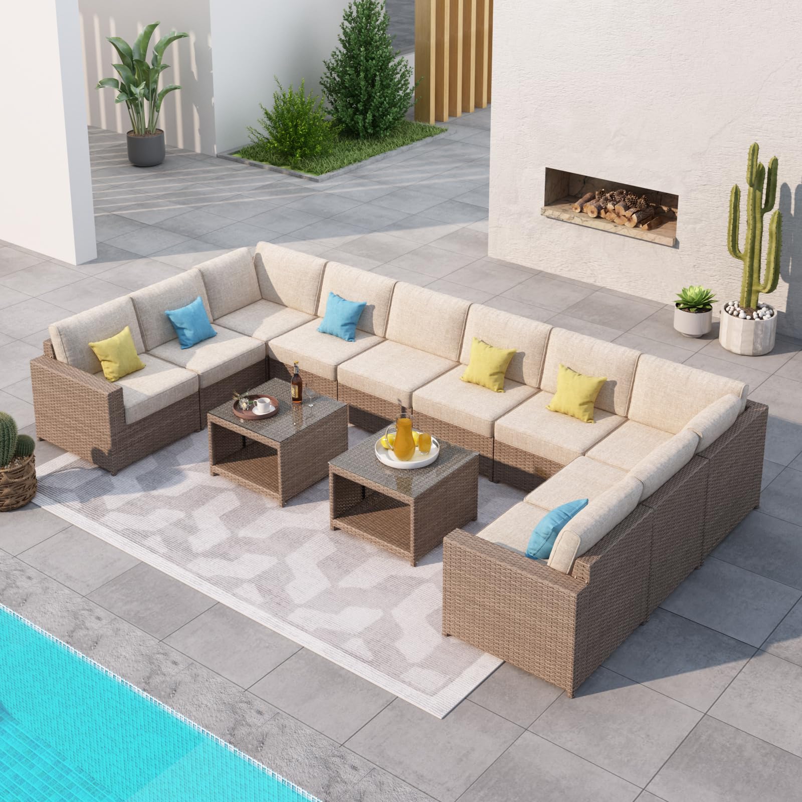 DIMAR GARDEN Outdoor Coffee Table - Wicker Rattan Patio Side Table with Storage & Tempered Glass Top - Modern Luxury Furniture for Garden, Balcony, Poolside - Light Brown