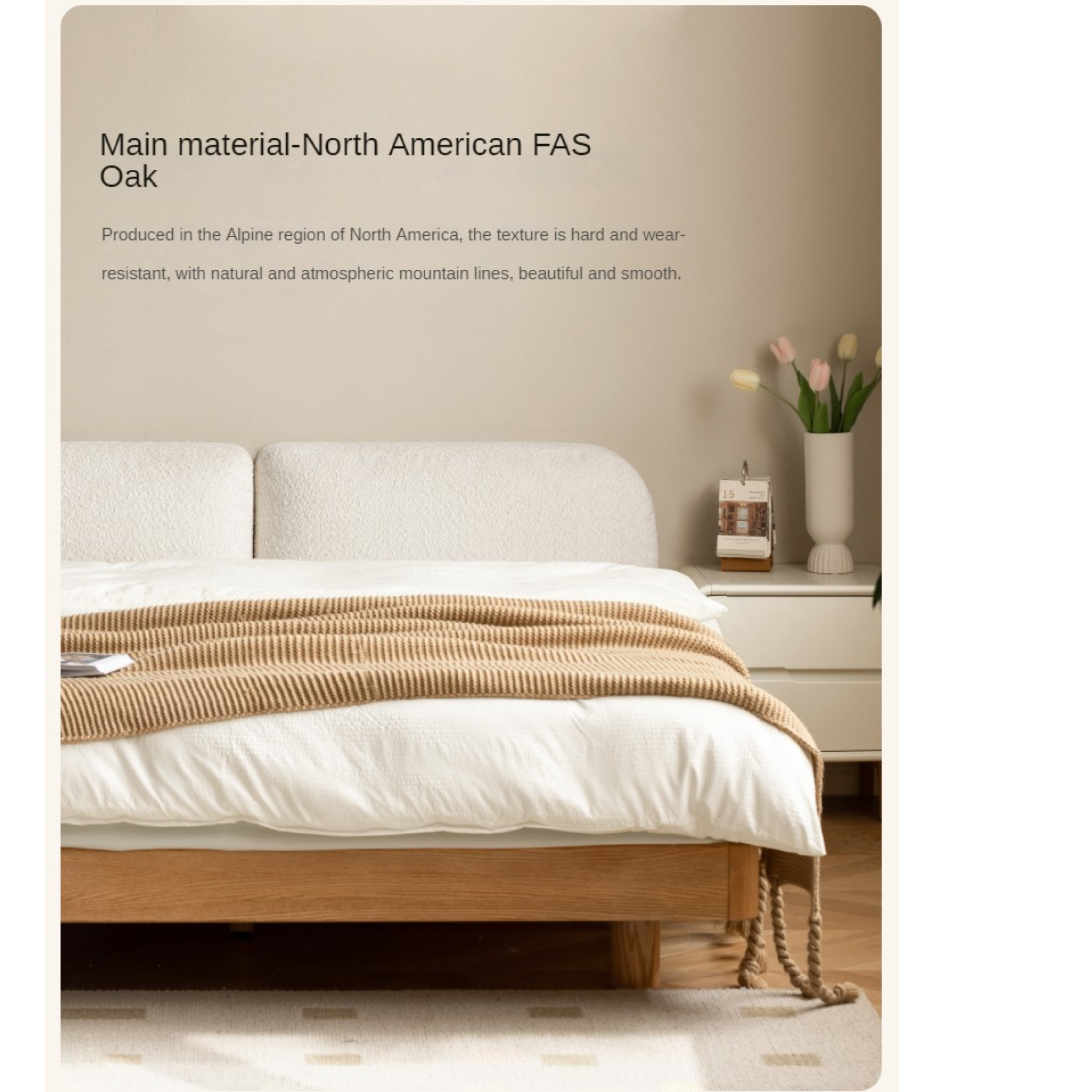 Premium Oak Solid Wood Lamb Fleece Soft Suspension Cream Bed - Cozy & Supportive Sleeping Solution for Modern Bedrooms, Guest Rooms & Nursery Decor