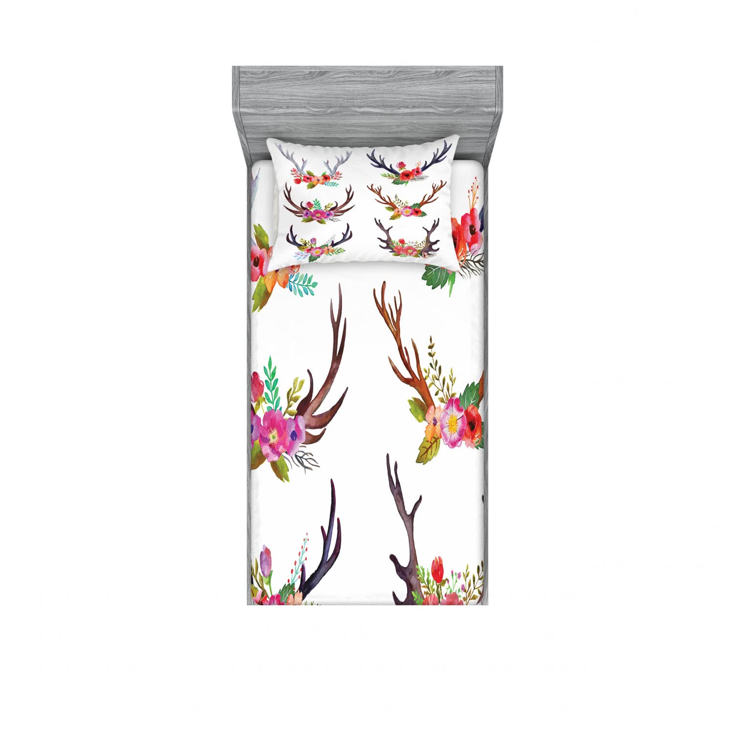 Ambesonne 2-Pack Twin Fitted Sheets & Pillow Sham Set - Deer Antlers with Floral Bouquet Design, 4-Piece Bedding Set for Kids & Adults - Perfect for Bedroom Decor, Guest Rooms, and Cozy Cabin Retreats