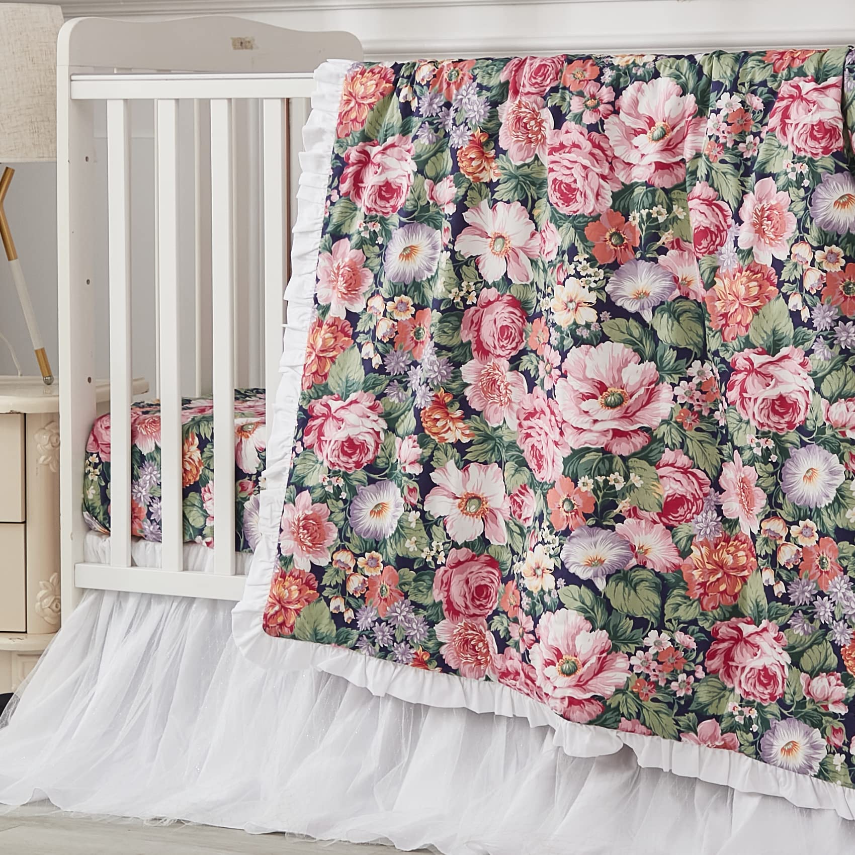 Brandream 3-Piece Baby Crib Bedding Set for Girls - Floral Nursery Set with Comforter, Fitted Crib Sheet & Lace Bed Skirt | 100% Cotton, Pink Purple Green | Perfect for Nursery Decor, Baby Shower Gift & Newborn Essentials