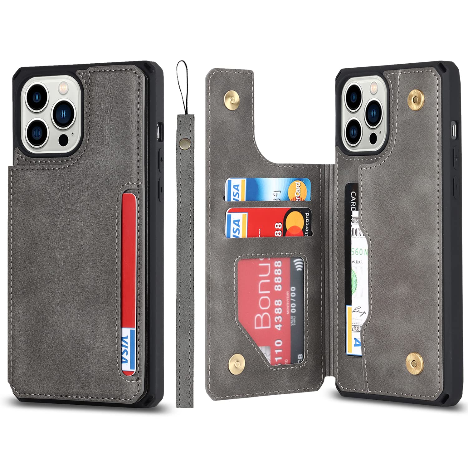 Premium Leather iPhone 12 Pro Max Case with Card Holder & Wallet - Shockproof Protective Cover with Stand & Strap for Women & Men (Grey) - Perfect for Work, Travel & Everyday Use