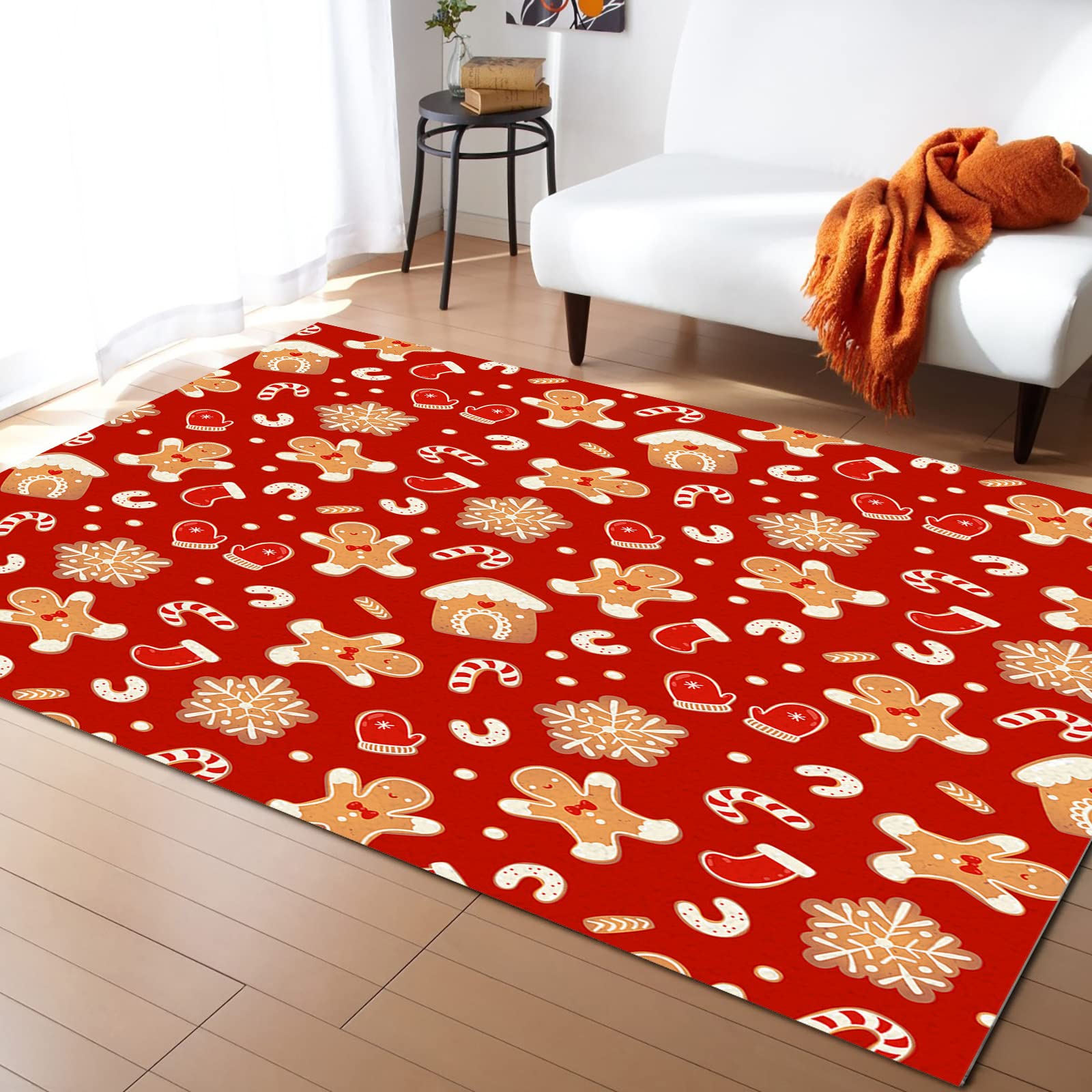 Non-Slip Christmas Rectangle Indoor Area Rug with Gingerbread Man, Xmas Socks, Glove & Snowflake Design - 4'x6' Holiday Accent Rug for Living Room, Bedroom, Office, Kids Room & Nursery | Perfect for Festive Home Decor & Cozy Winter Gatherings
