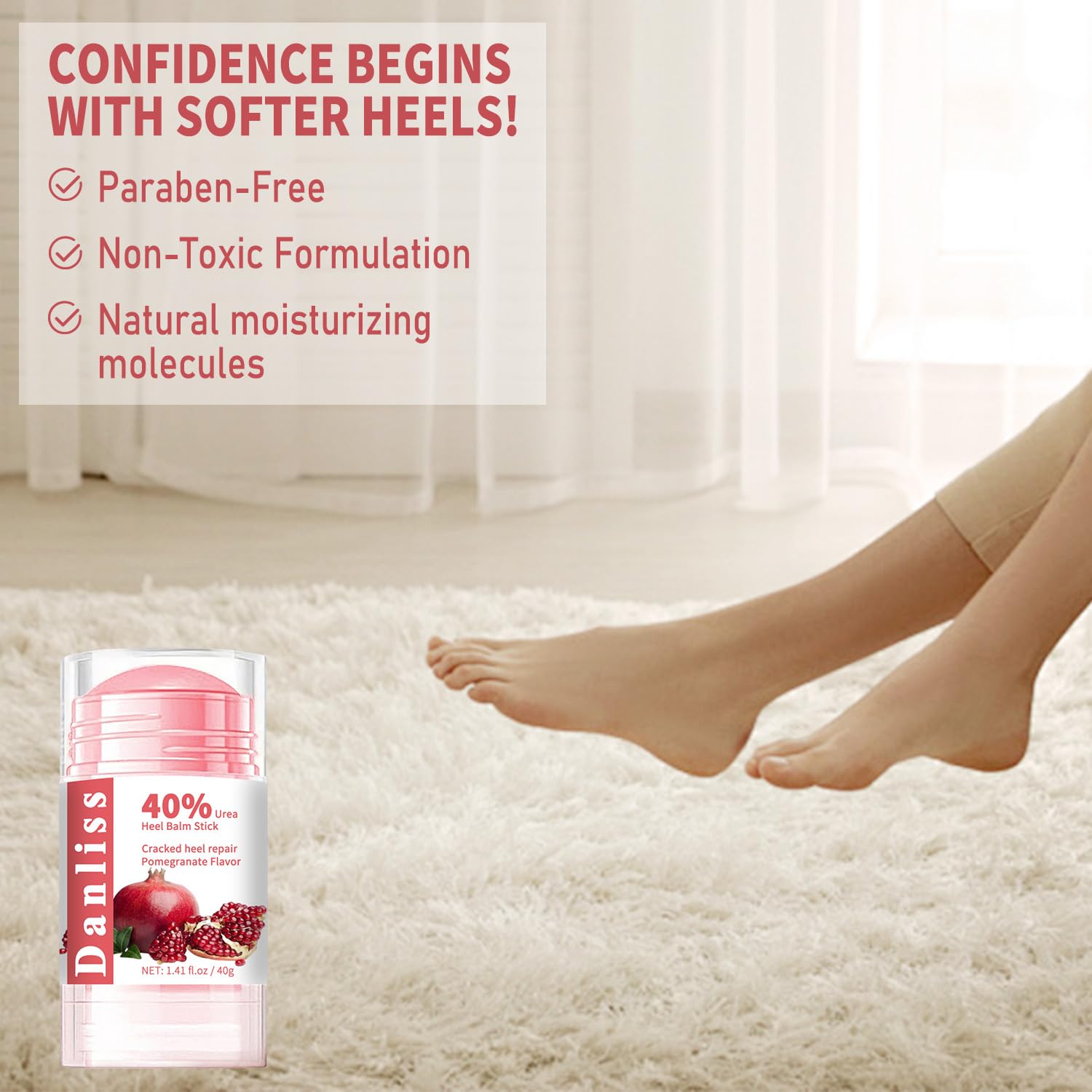 40% Urea Heel Balm Stick - Intensive Cracked Foot Repair Cream for Calluses, Dry Feet & Cracked Heels | Soothing Moisturizer & Callus Remover | 1.41 Oz Pomegranate Flavor | Perfect for Pedicures, Foot Care & Overnight Treatment