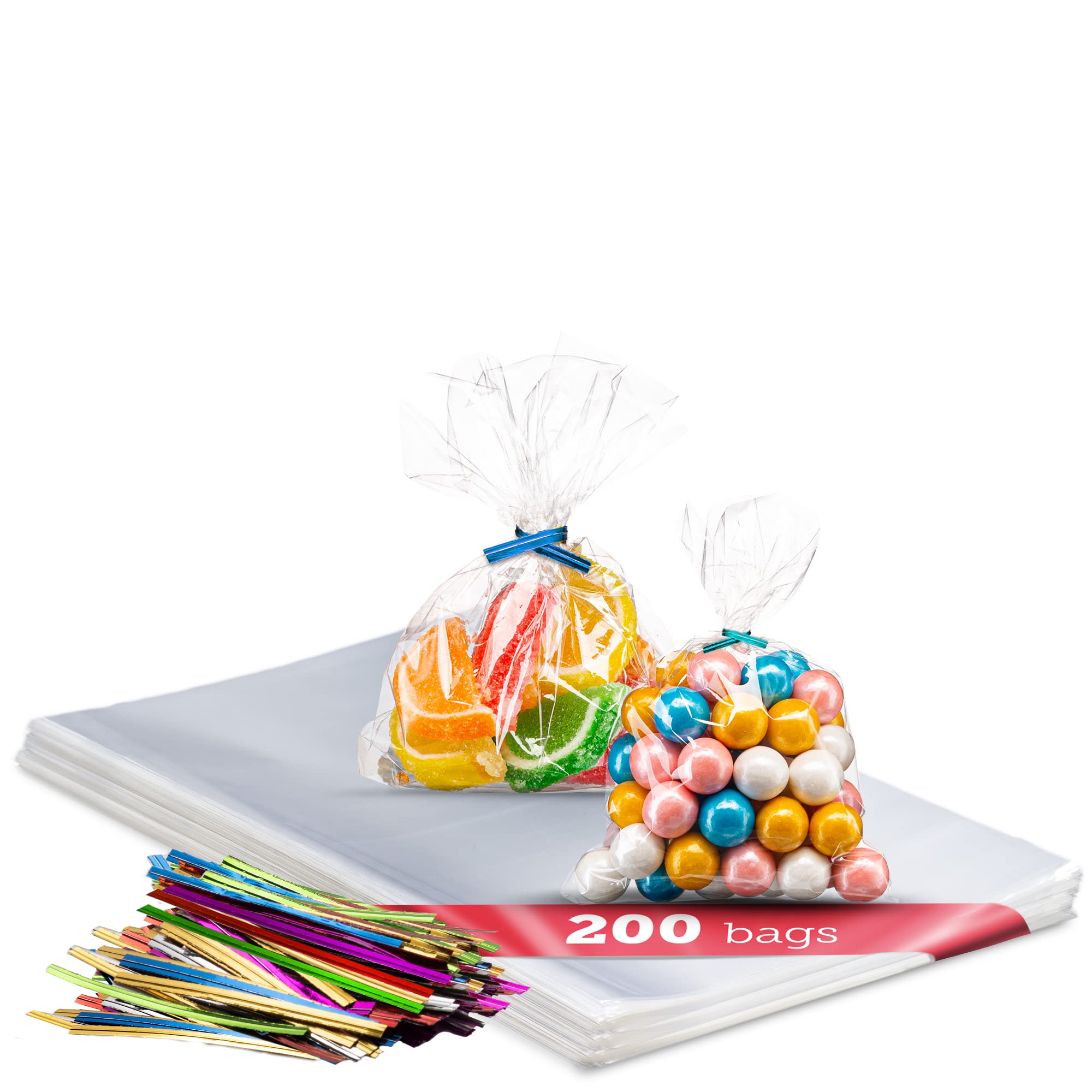 Prestee 200 Pack Clear Plastic Cellophane Bags 4x6 Inches with Twist Ties - Candy Bags, Cookie Bags, Treat Bags, Gift Wrapping Supplies for Parties, Weddings, Baby Showers & Holiday Gifts (200 Count)