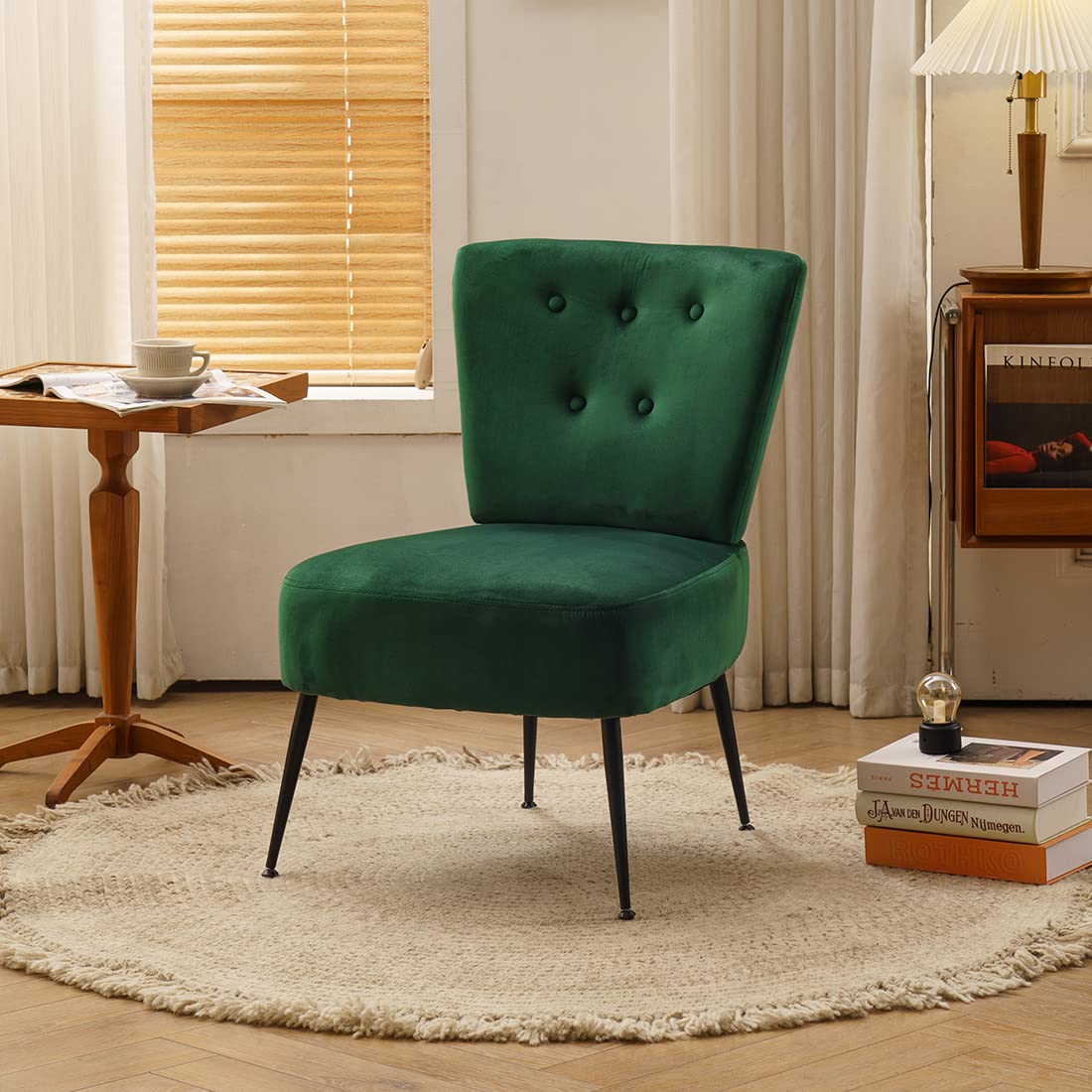 Modern Velvet Slipper Chair - Button-Tufted Armless Accent Chair for Bedroom, Living Room & Vanity | Green Decorative Sitting Corner Side Chair | Perfect for Reading Nooks, Dressing Areas & Small Spaces