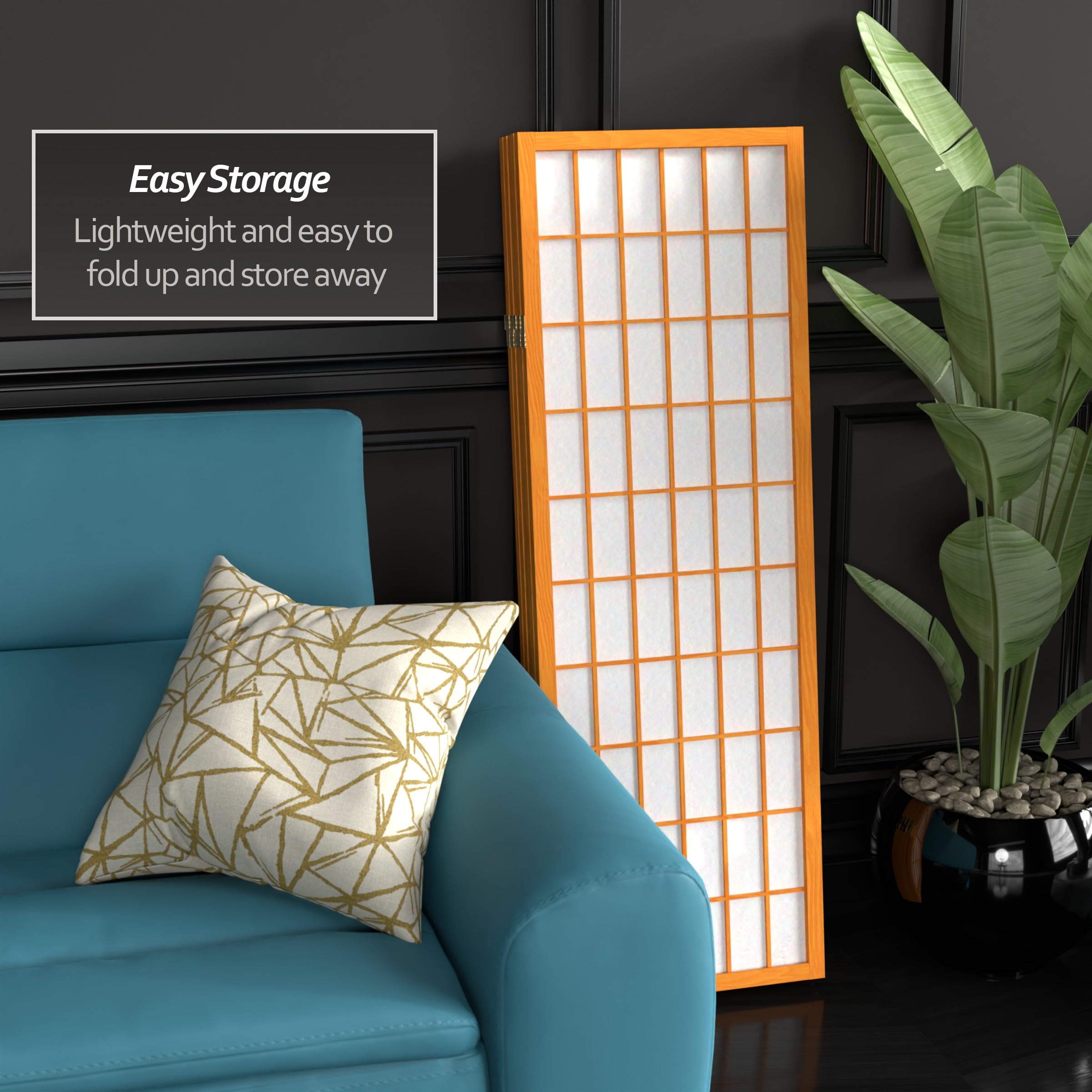 4 ft. Short Honey-Colored Shoji Room Divider Screen - 5-Panel Folding Privacy Partition for Home, Office & Meditation Spaces - Traditional Japanese Style Window Pane Design