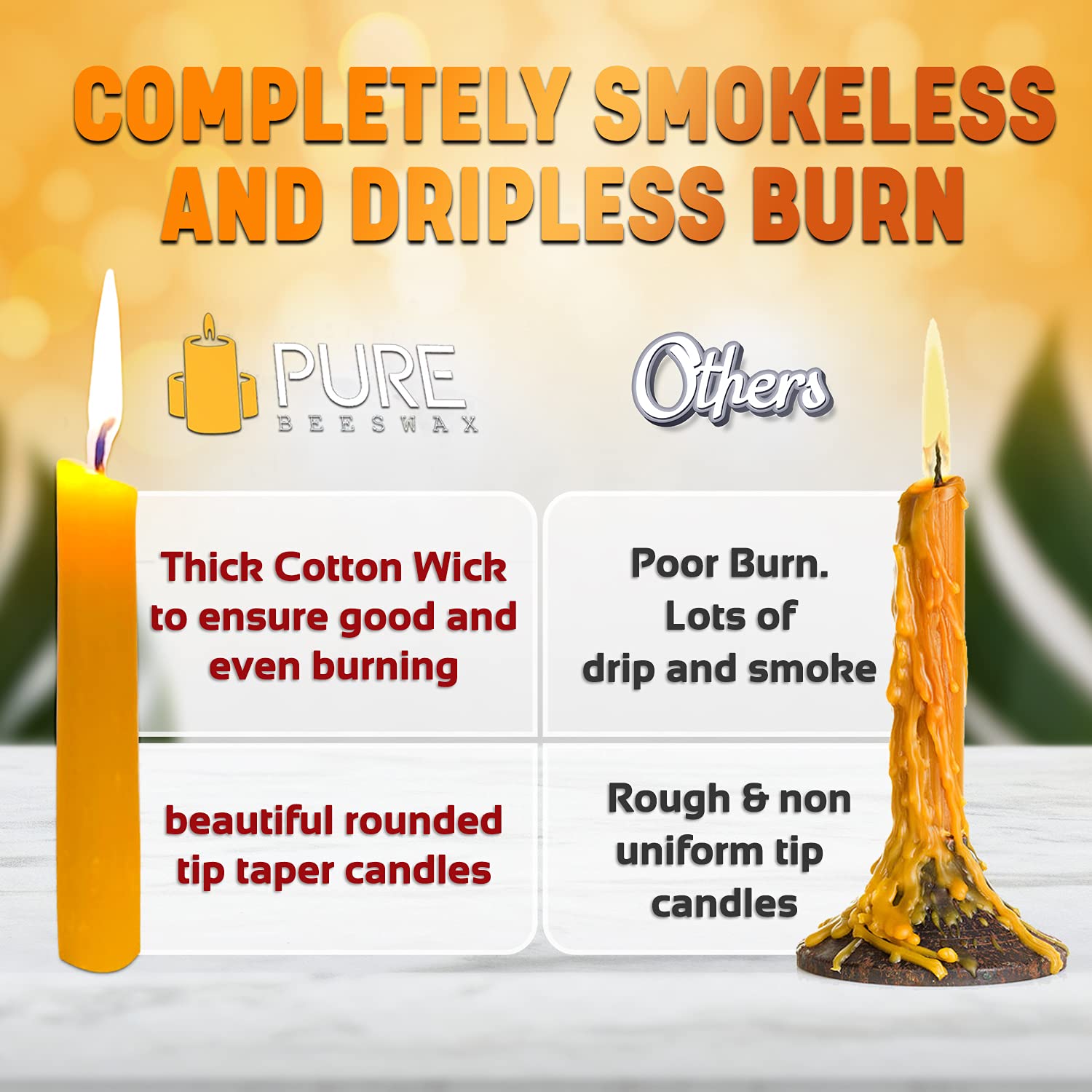 100% Pure Natural Beeswax Taper Candles - Unscented, Chemical-Free Cotton Wicks, Decorative (12 Pack, 4-Hour Burn Time) | Made in USA Since 1956 | Perfect for Romantic Dinners, Wedding Decor & Holiday Centerpieces