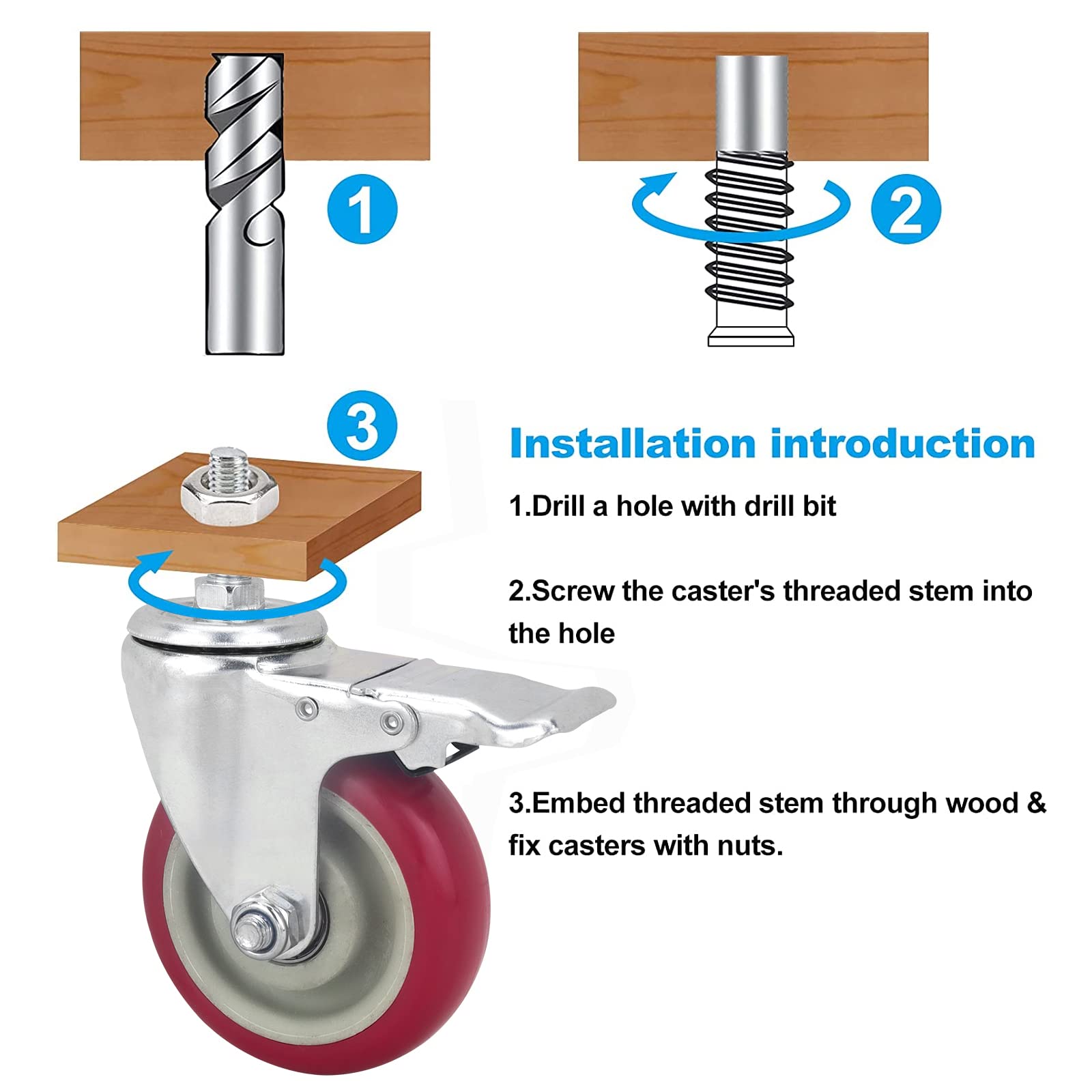 Heavy Duty Stem Casters with Brake - 4 Inch PU Swivel Wheels Set of 4, M12x30mm with Nut & Wrench - Quiet No Noise Rollers for Furniture, Workbenches, and Industrial Equipment