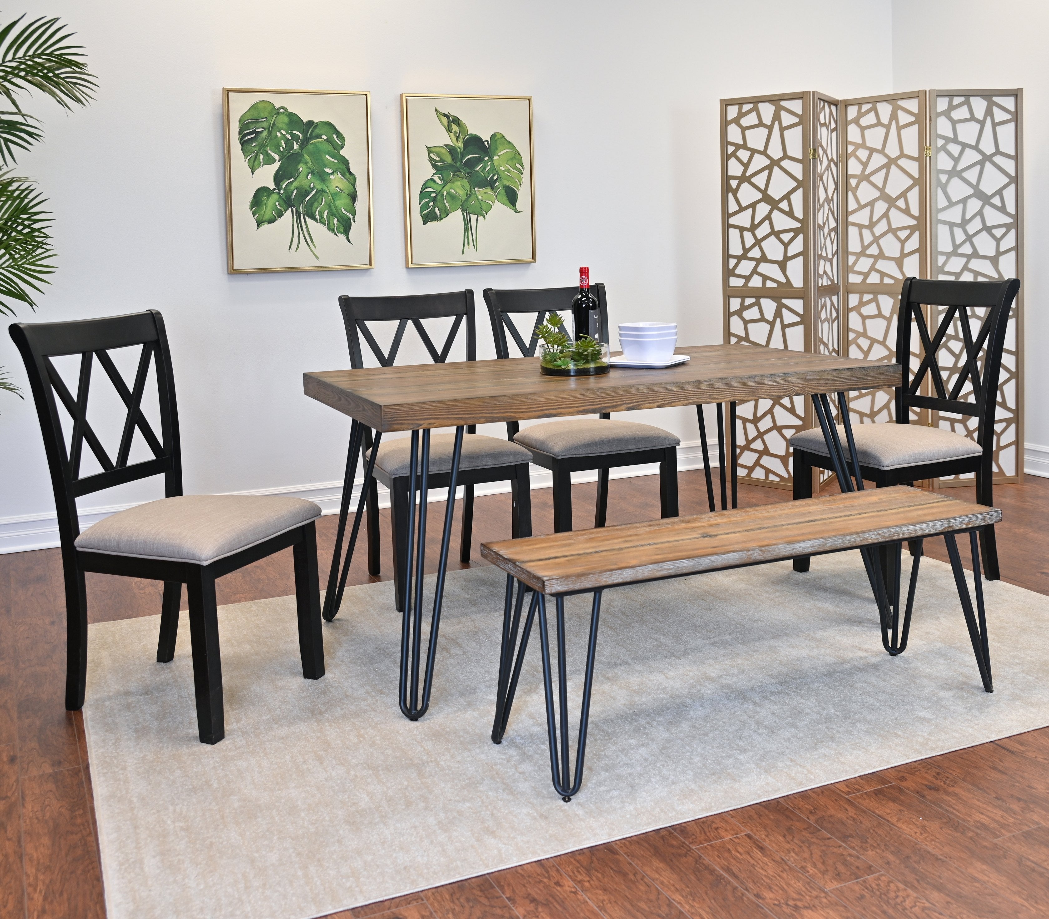Roundhill Furniture Arroyo 6-Piece Dining Set - Hairpin Leg Dining Table with 4 Cross Back Chairs & Bench in Rich Black | Modern Kitchen & Dining Room Furniture for Small Spaces