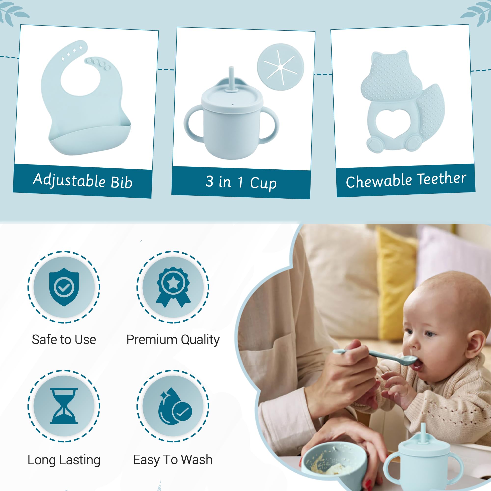 **9-Piece Silicone Baby Feeding Set - Toddler Plates, Bowls, Utensils, Suction Plates, Spill-Proof Sippy Cup & Soft Bib (Blue) - Perfect for Mess-Free Mealtime, Travel & Daycare**