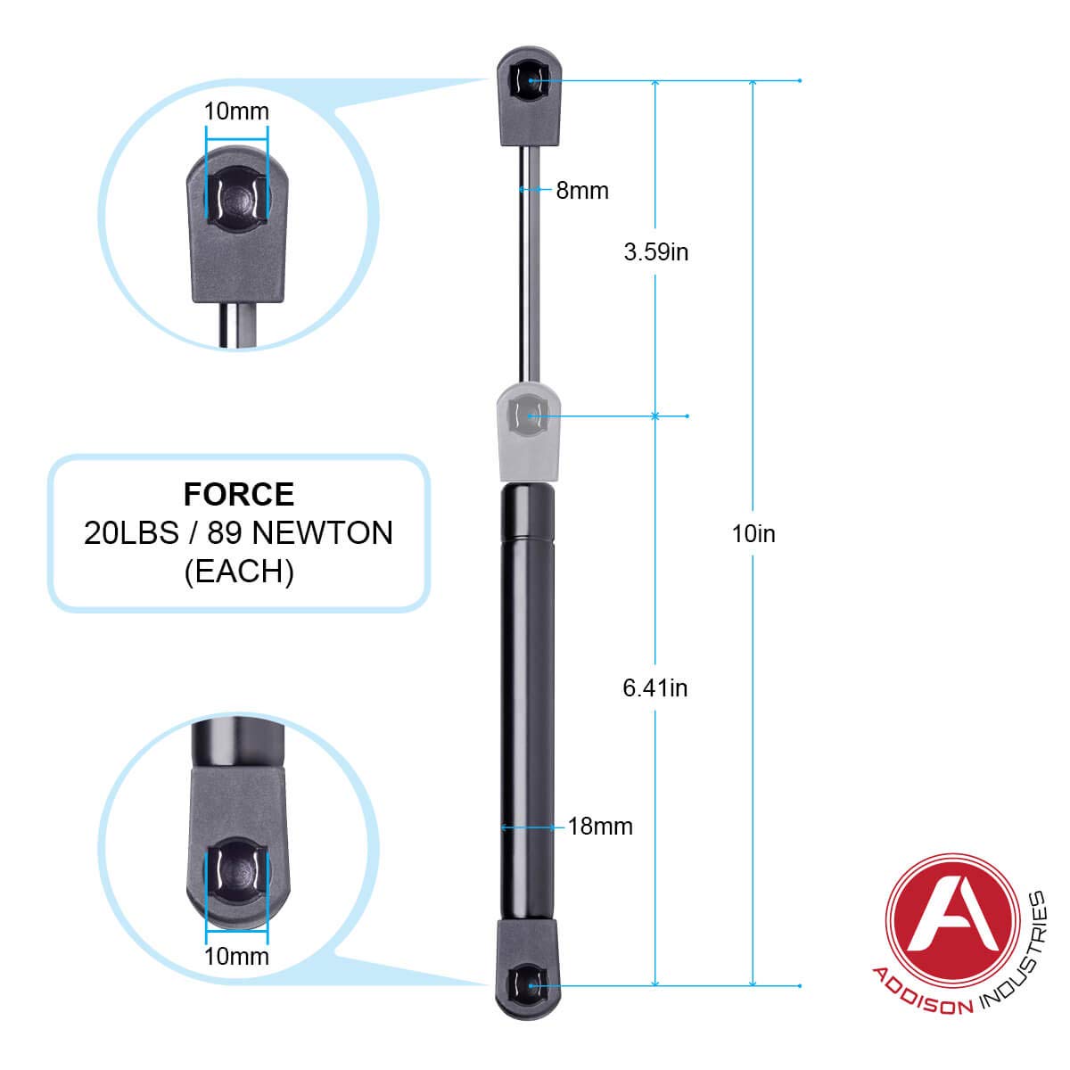 Heavy Duty 10 Inch Gas Spring Strut - 20 LBS (89 Newton) Force, 18mm Tube/8mm Rod - Lift Support for Automotive, Furniture & Industrial Equipment