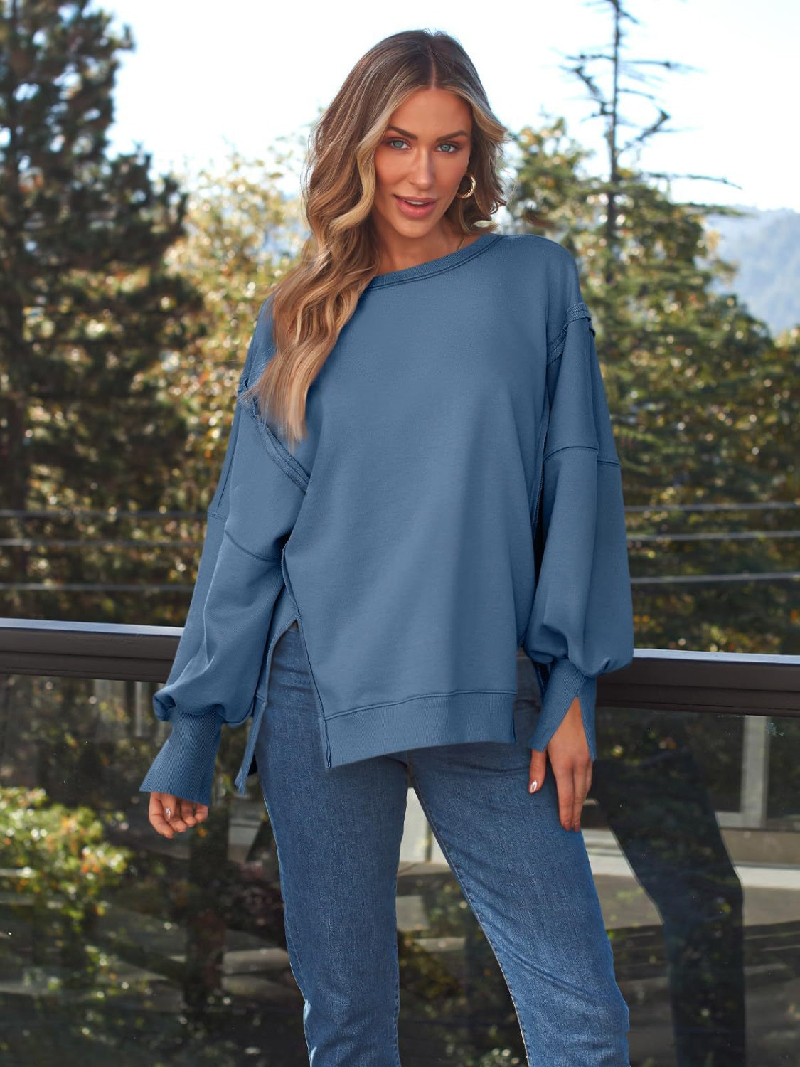 Stylish Slit Round Neck Long Sleeve Sweatshirt for Women - Cozy Pullover Top for Casual Wear, Fall & Winter Fashion