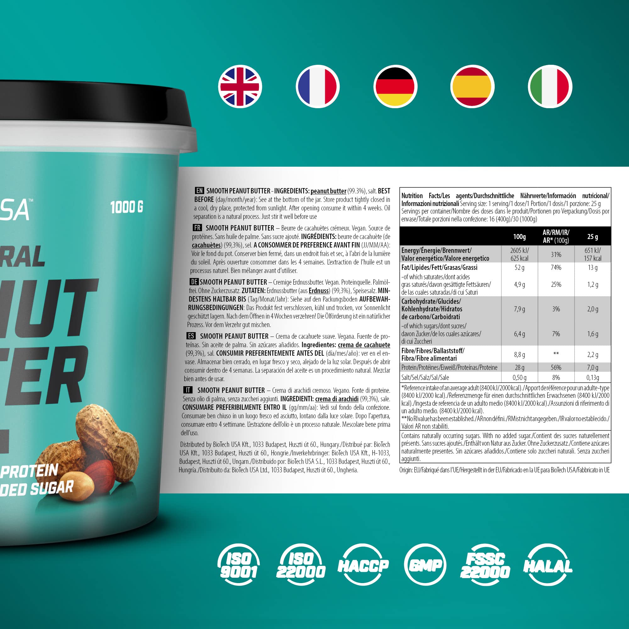 BioTechUSA Smooth Peanut Butter 1000g - High Protein, Natural Ingredients for Fitness, Weight Loss & Healthy Snacking