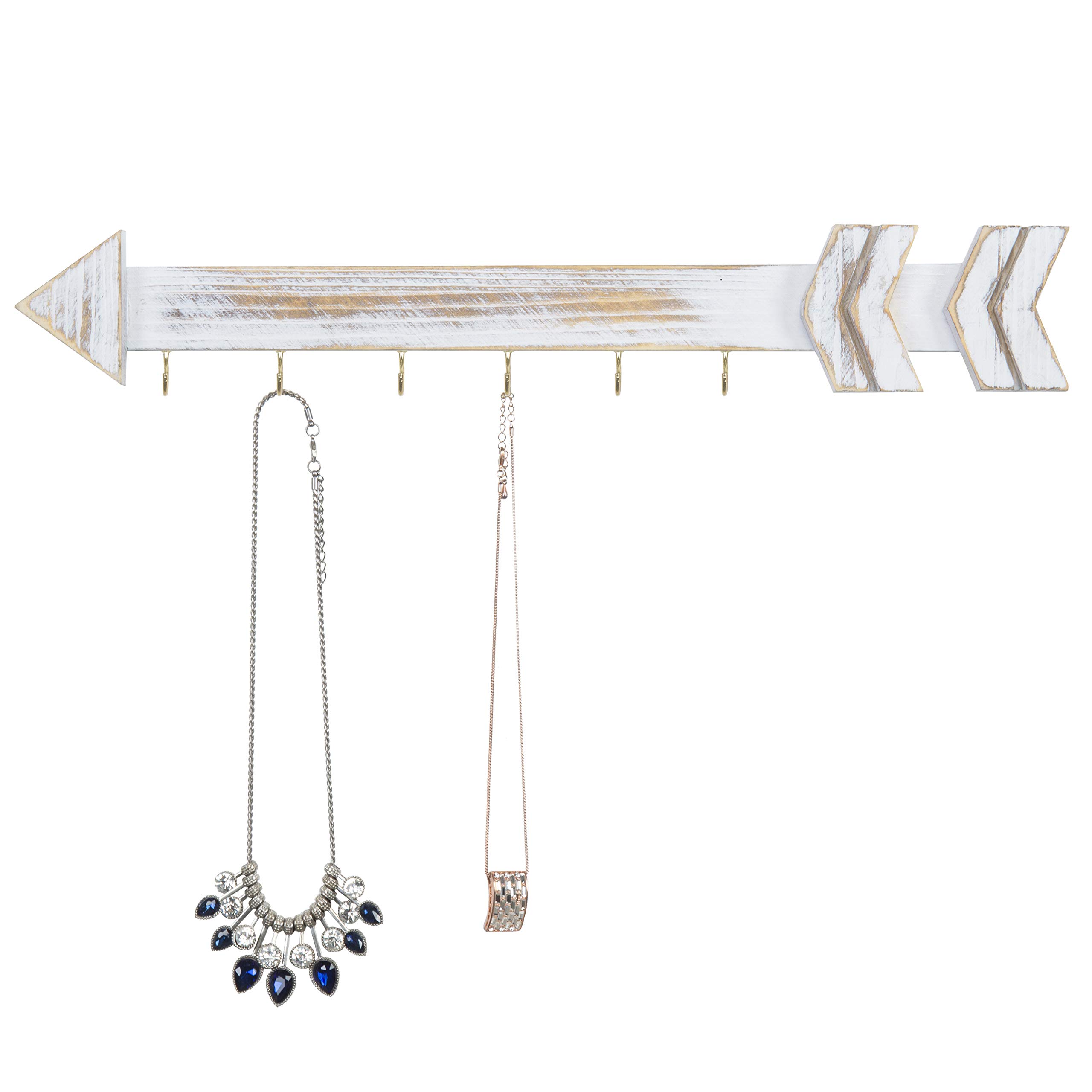 MyGift Whitewashed Wood Wall Jewelry Organizer - Arrow Design Necklace Hanging Rack with 6 Hooks | Perfect for Bedroom, Bathroom & Closet Organization | Space-Saving Jewelry Storage Solution