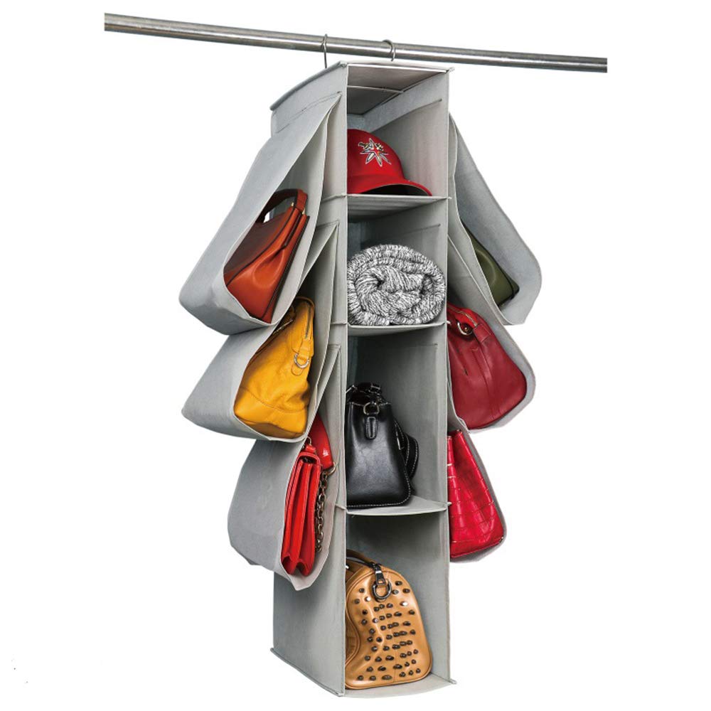 10-Pocket Hanging Purse Organizer for Closet - Nonwoven Handbag Storage Solution with Durable Hooks - Perfect for Bedroom, Closet & Travel Organization (Light Grey)
