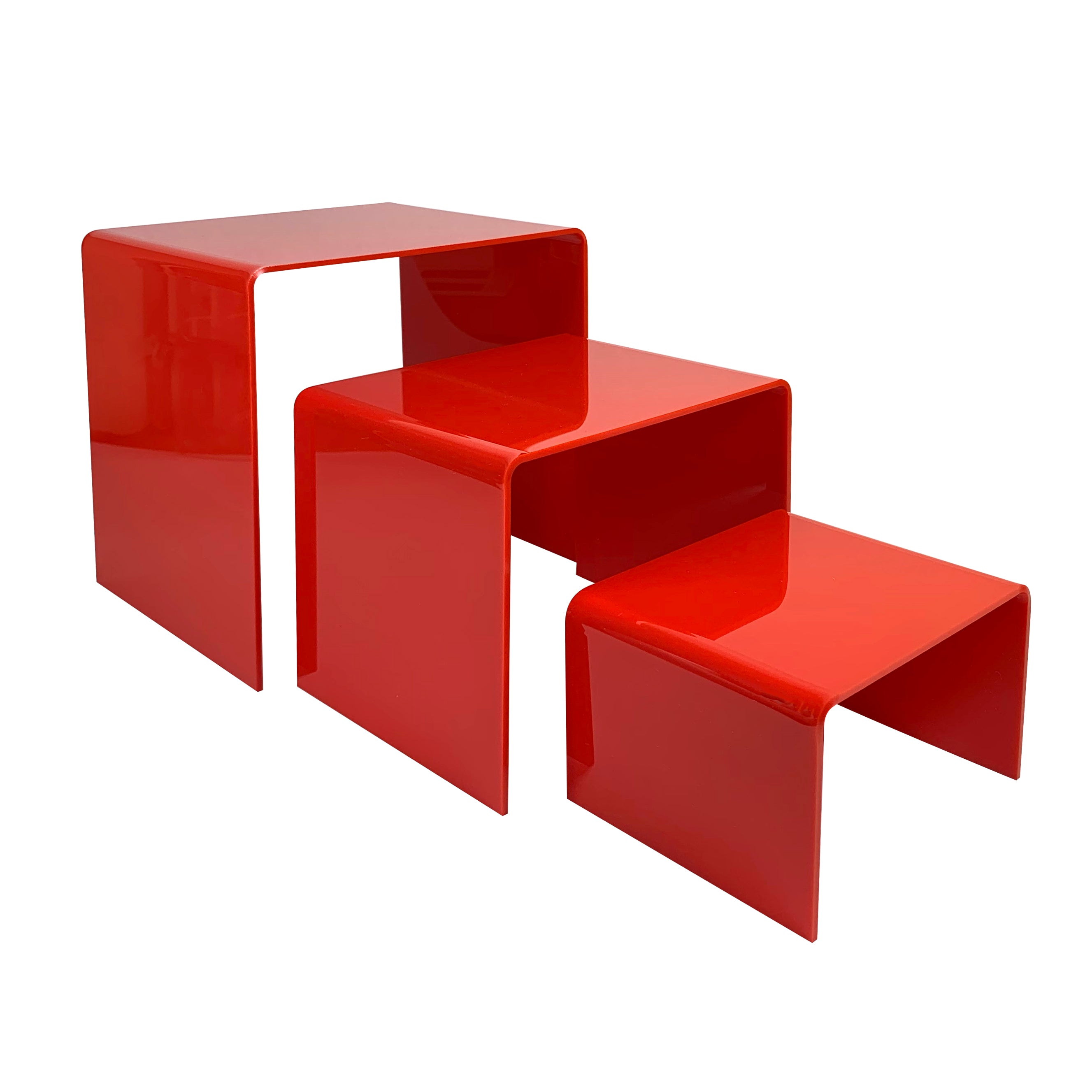 3-Piece Red Acrylic Display Riser Set for Retail Shelves, Countertops & Store Displays - Perfect for Showcasing Jewelry, Cosmetics & Small Merchandise