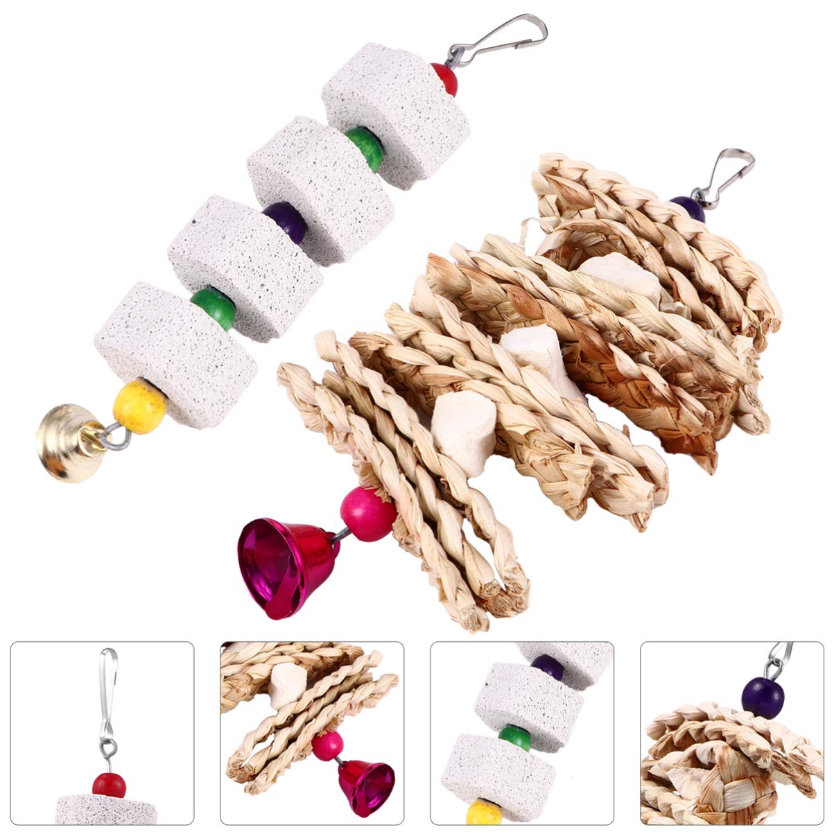 Balacoo Parrot Chew Toys - 2 Pack Woven Grass Molar Chewing Toys with Bell for Teeth Grinding & Bite Care | Hanging Cage Hammock Toys for Parakeets & Pet Birds | Perfect for Cage Enrichment & Beak Maintenance