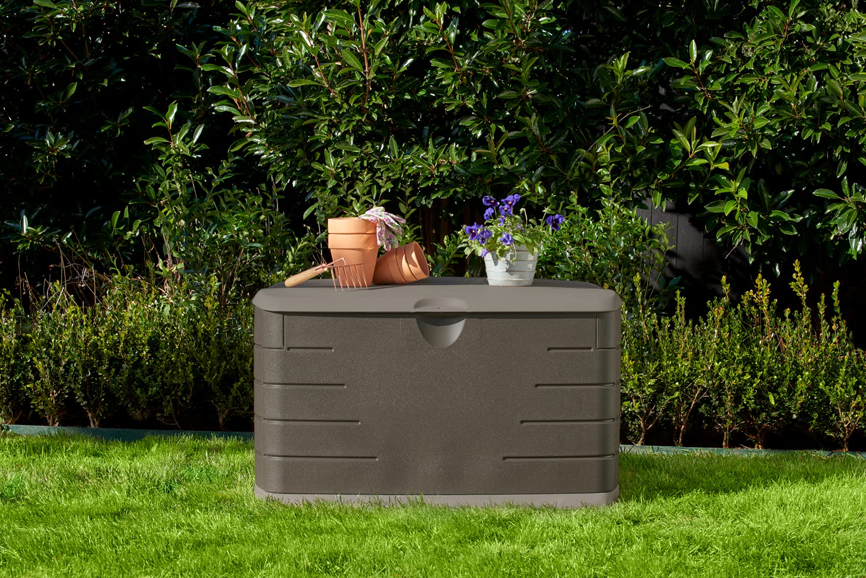 Rubbermaid 73 Gallon Medium Resin Outdoor Storage Deck Box - Weatherproof Brown Deck Organizer for Patio, Backyard & Pool - Perfect for Storing Garden Tools, Pool Chemicals, Toys & Patio Cushions | Ideal for Home Organization & Outdoor Storage Solutions