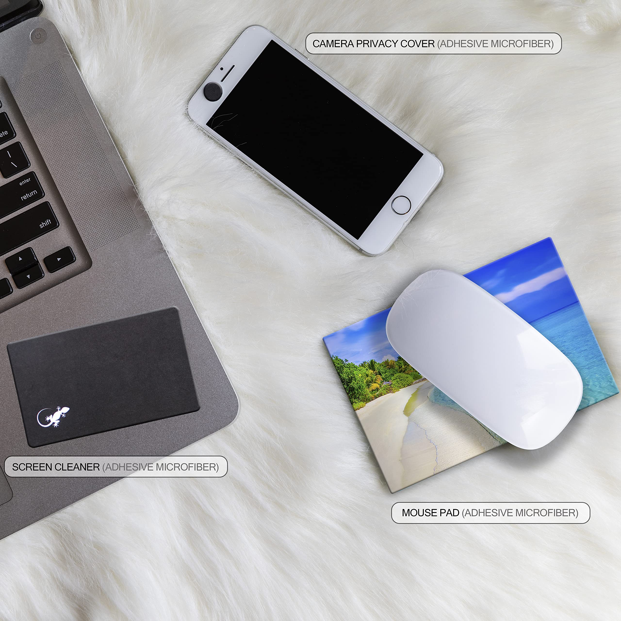 Non-Slip Mouse Pad with Adhesive Bottom - Sticks to Any Surface, Portable & Includes Webcam Cover + Screen Cleaner (2-Pack Beach Set) - Perfect for Office, Gaming & Travel Use