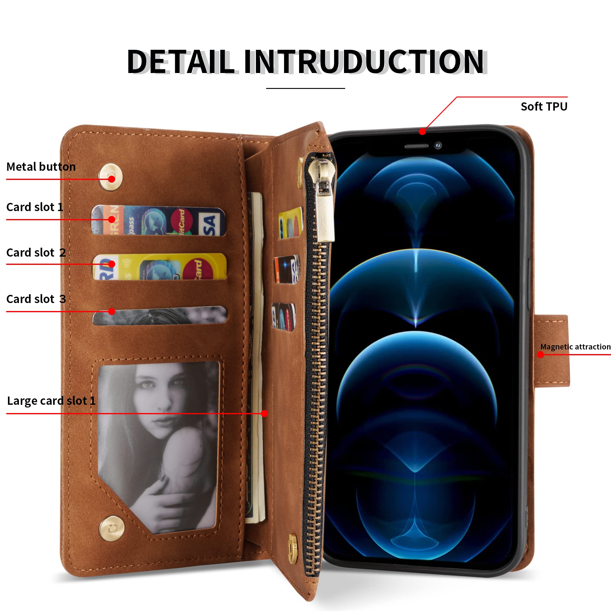 Premium Soft PU Leather Zipper Flip Wallet Case for iPhone 12 Pro Max (6.7 inch) - Card Slots, Wrist Strap & Kickstand | Protective Folio Cover for Everyday Use, Travel & Business (Brown)