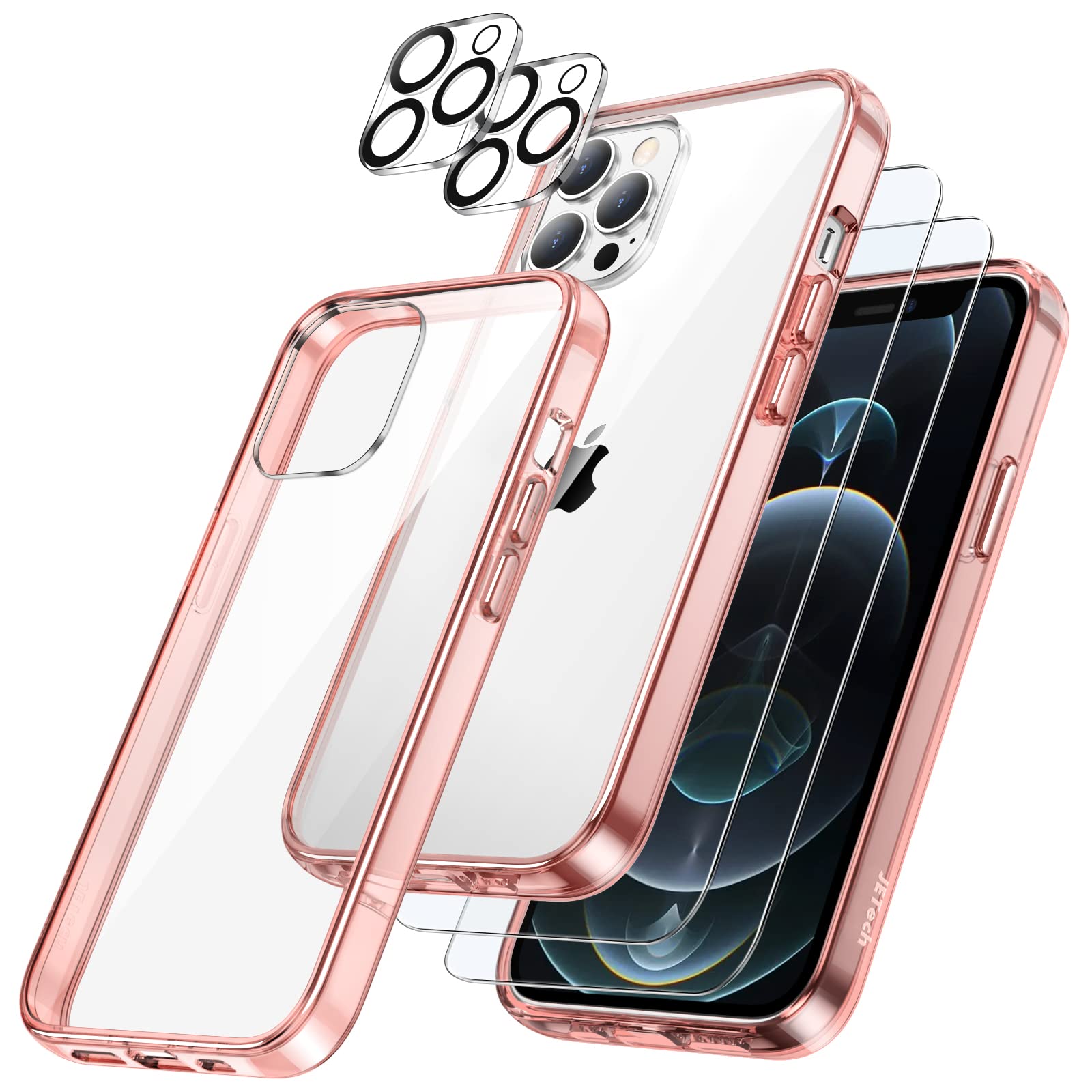 JETech 5-in-1 Protective Case for iPhone 12 Pro 6.1-Inch - Shockproof Bumper Cover with 2-Pack Tempered Glass Screen Protectors & 2-Pack Camera Lens Protectors | Full Coverage Rose Gold Case for Everyday Use, Travel & Outdoor Activities