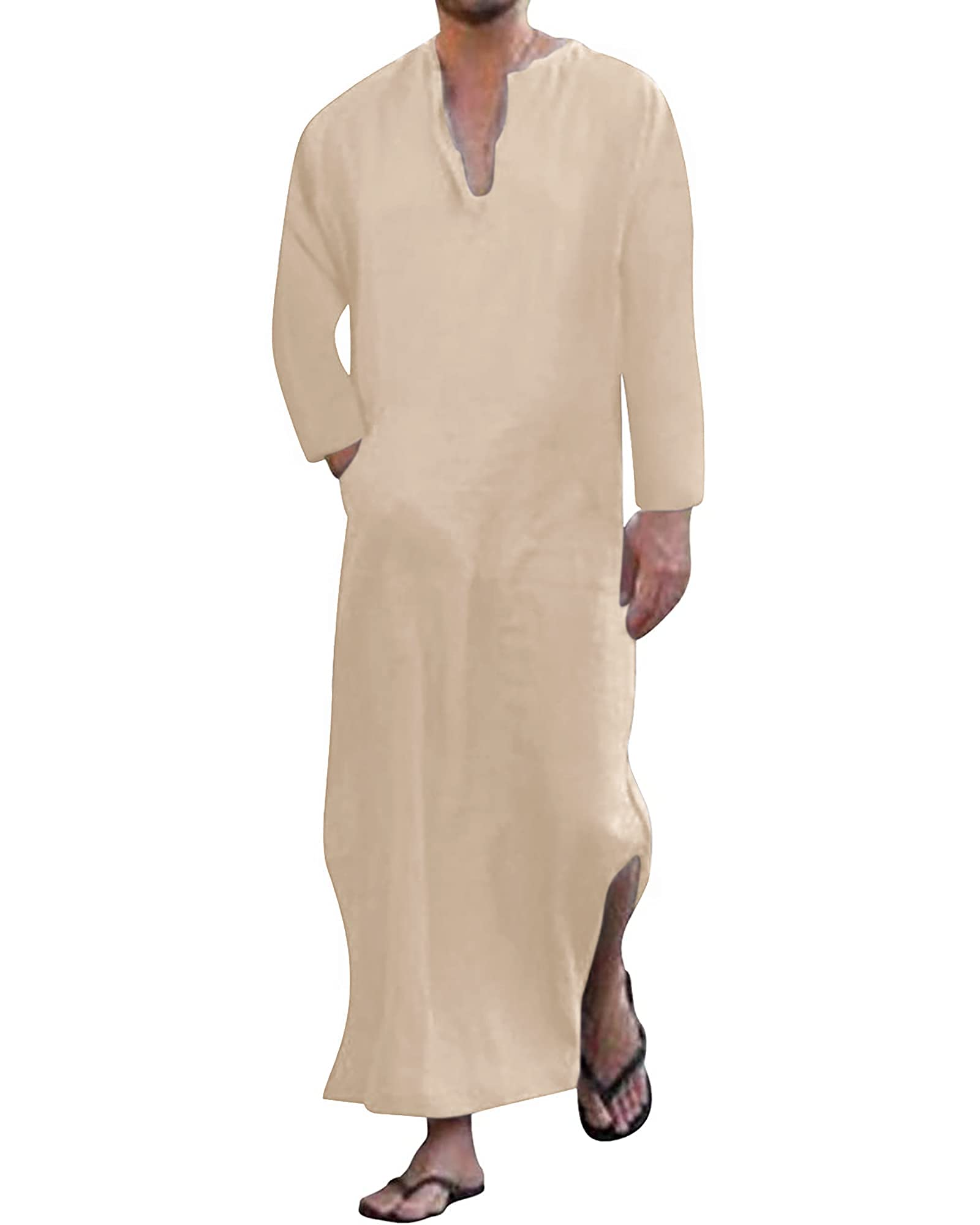 YAOHUOLE Men's Kaftan Thobe - Long Sleeve Islamic Robe with Side Slits & Pockets - Comfortable Casual Wear for Prayer, Home, Beach & Special Occasions