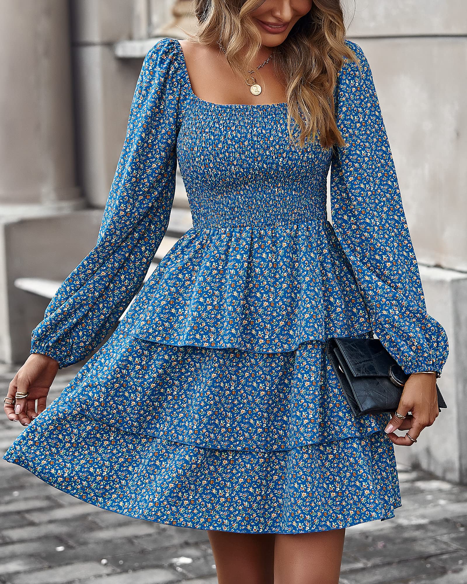 BTFBM Women's Floral Swiss Dot Square Neck Smocked Mini Dress - Long Sleeve Boho Wedding Guest Dress for Spring & Summer 2025 | Perfect for Garden Parties, Bridal Showers & Casual Outings
