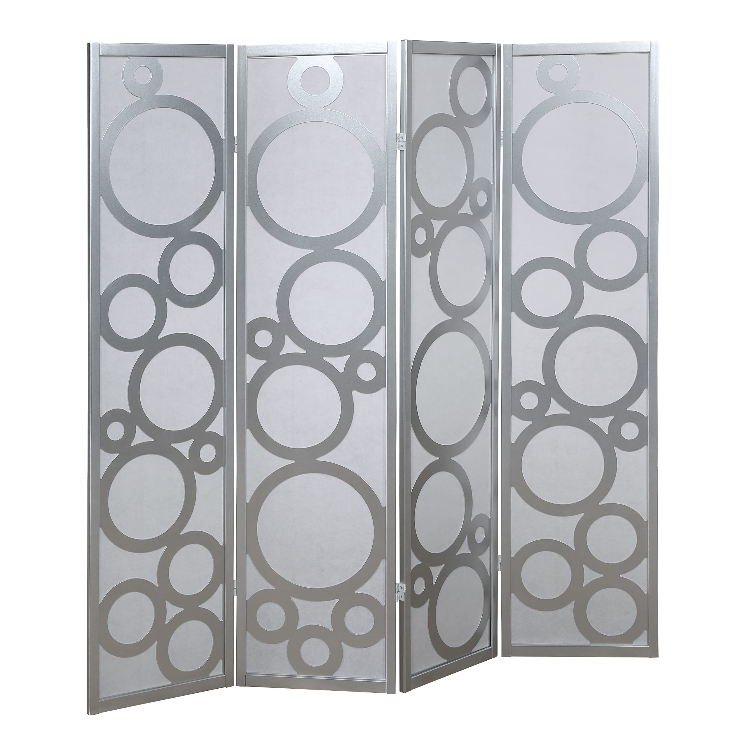 Roundhill Furniture Arvada 4-Panel Wood Room Divider with Decorative Circle Pattern in Silver - Perfect for Home Office, Living Room & Bedroom Privacy
