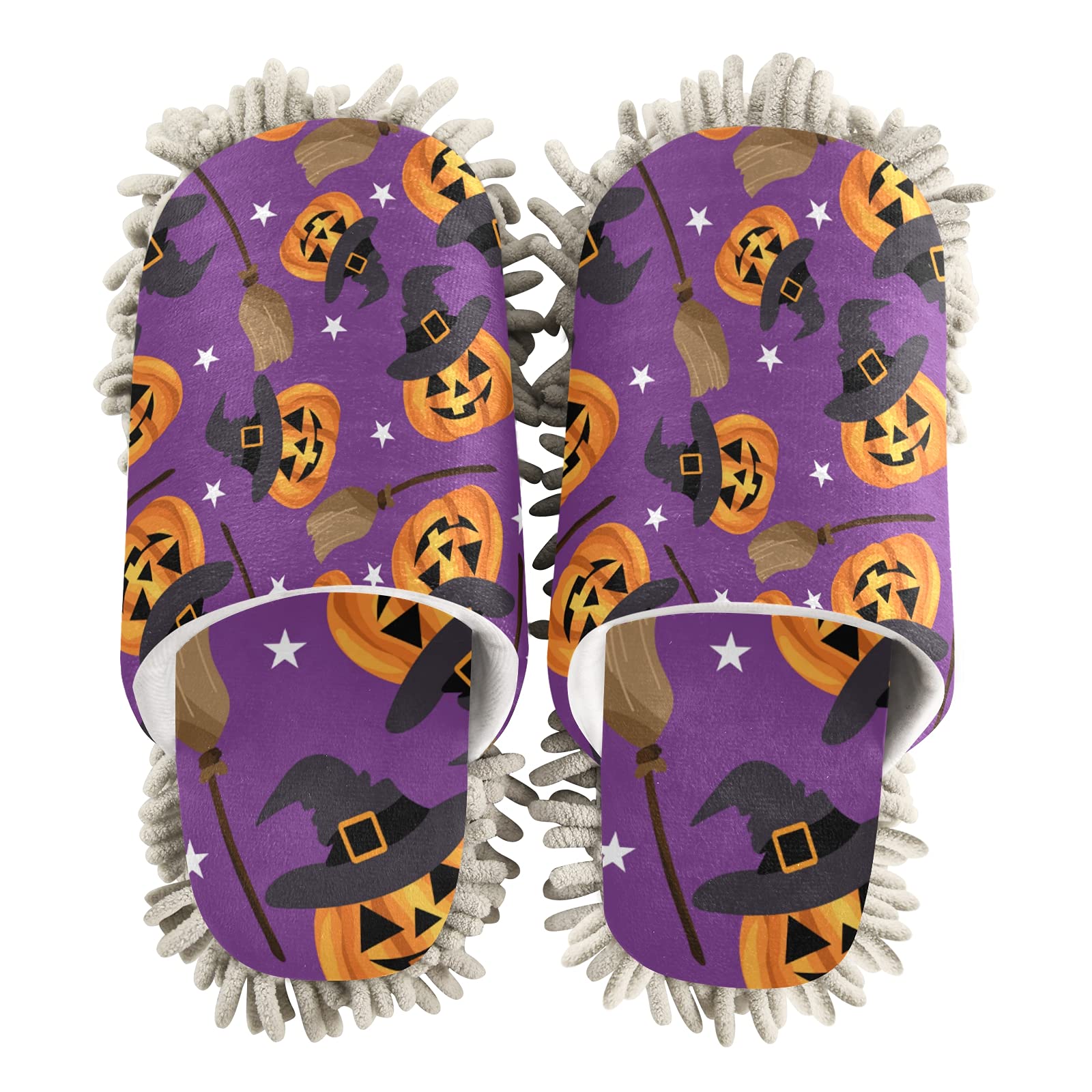 Halloween Pumpkin Mop Slippers - Witch Hat & Stars Design - Soft House Cleaning Shoes for Dusting & Spa - Unisex Home Slippers for Men & Women - Perfect for Halloween Parties, Home Cleaning & Relaxation