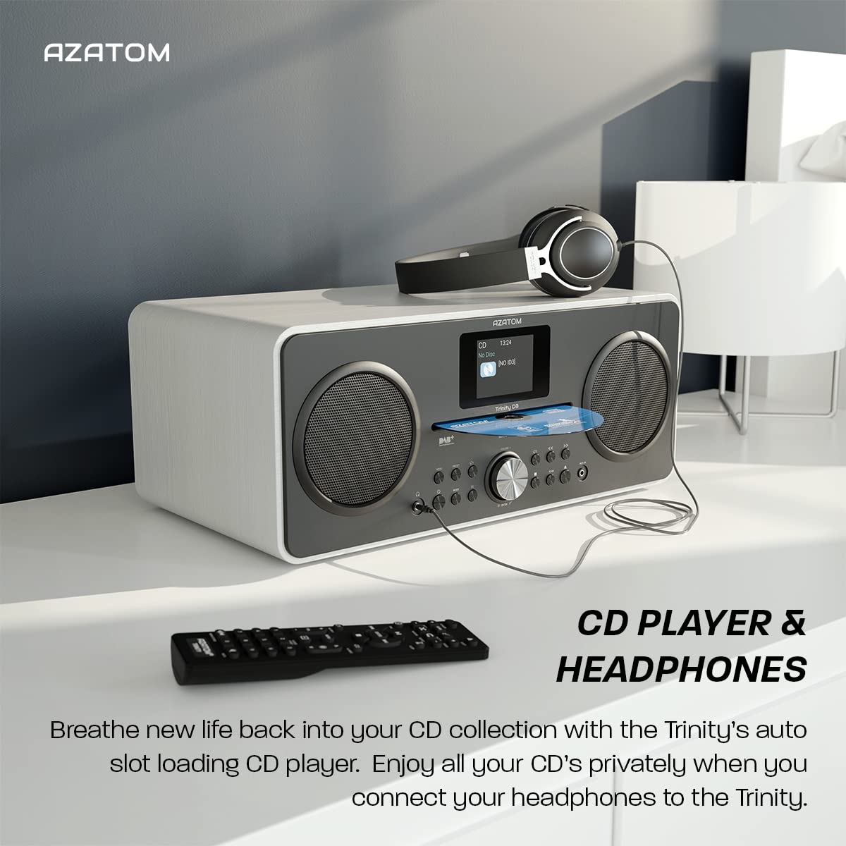Premium DAB DAB+ Digital FM Radio with CD Player, Bluetooth Speaker System, USB Charger & MP3 Playback - High Quality Sound, Alarm, Equalizer & Remote Control (AZATOM Trinity White) - Perfect for Home, Office & Outdoor Entertainment