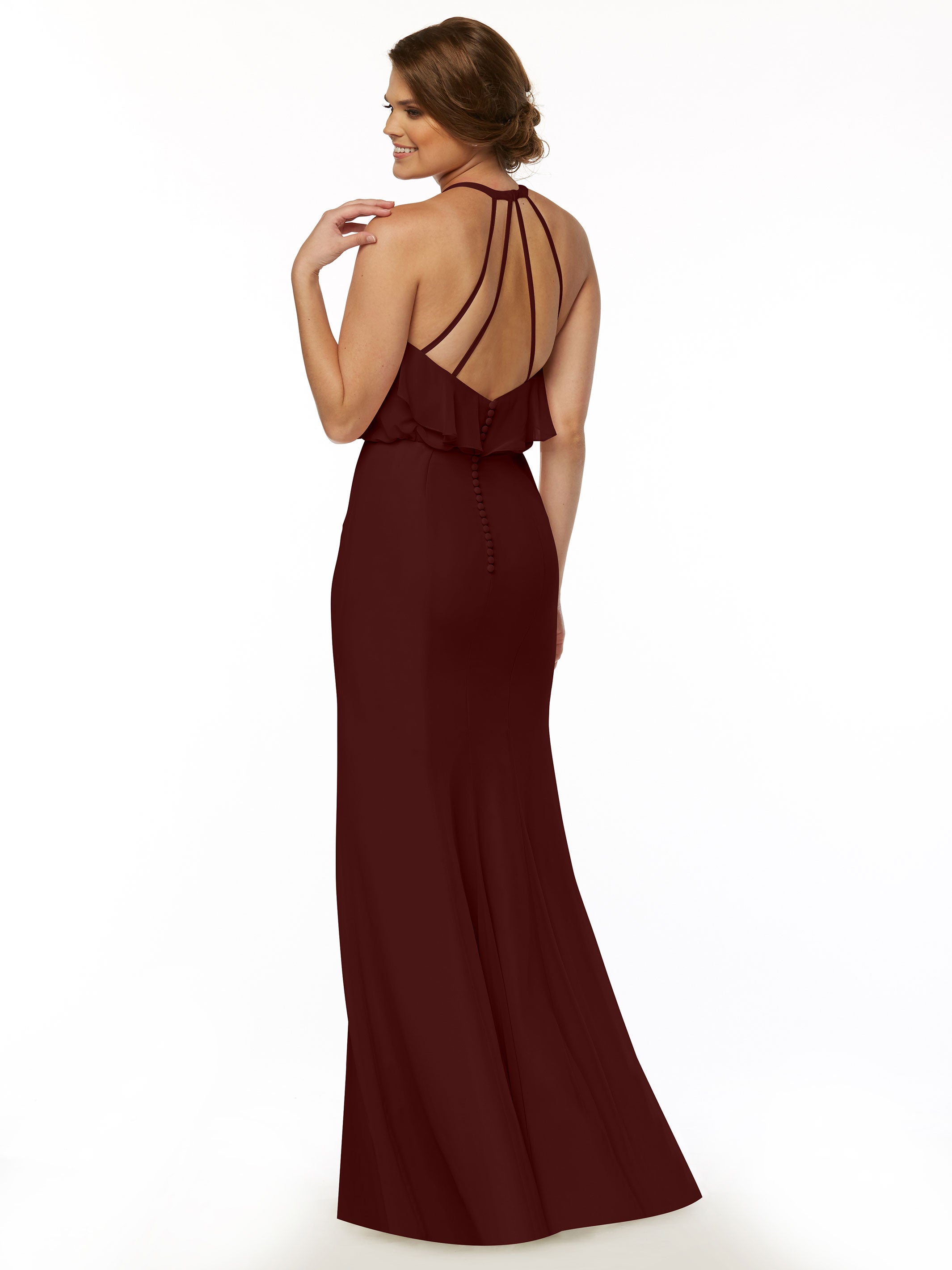 Elegant 80147 Fit and Flare Chiffon Bridesmaid Dress with Ruffled Neckline & Thigh Slit - Perfect for Weddings, Proms, and Formal Events