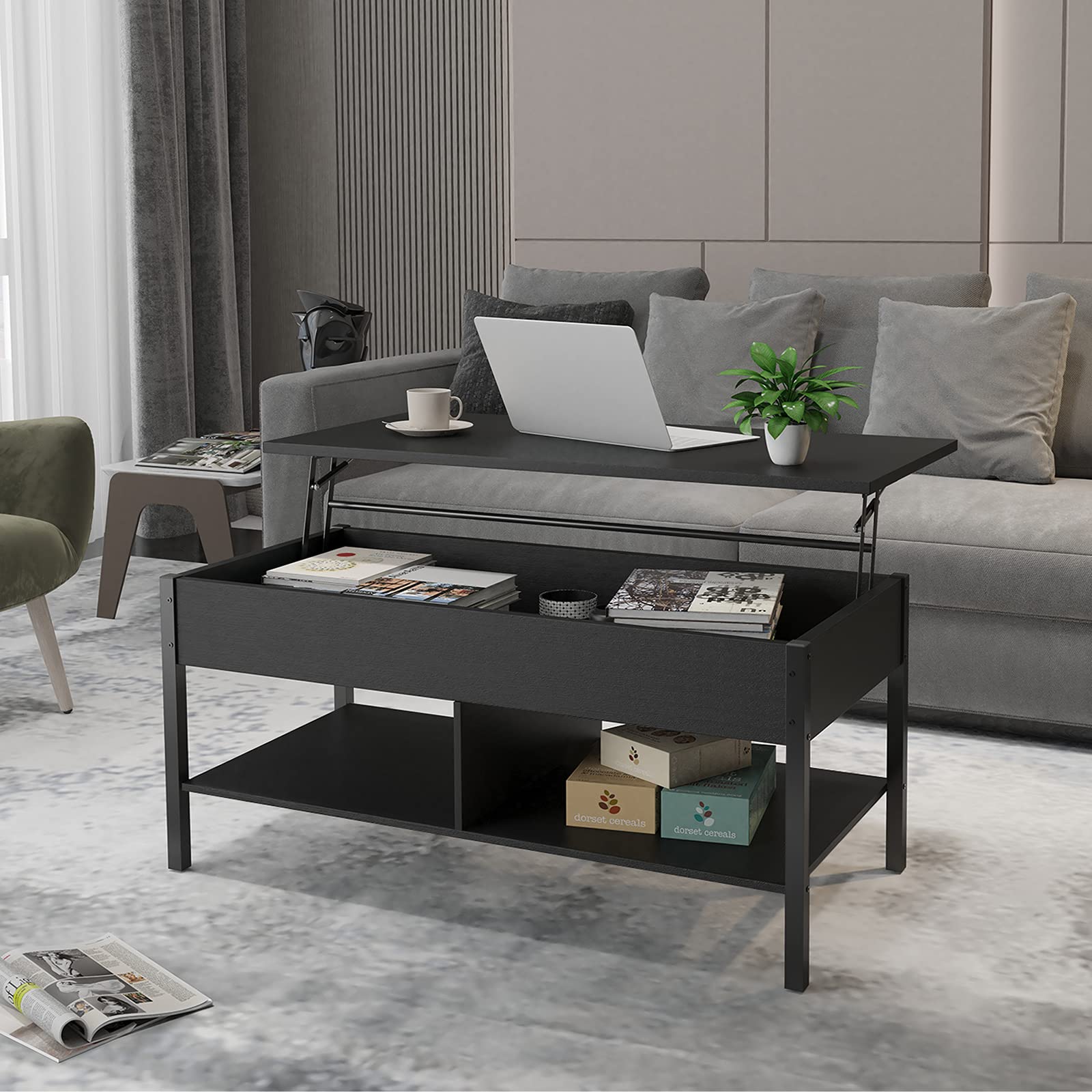 Modern Lift-Top Coffee Table with Storage & Lower Shelf - Sofa Table for Living Room, Black & White Wooden Design - Perfect for Small Spaces, Home Office & Apartment Decor