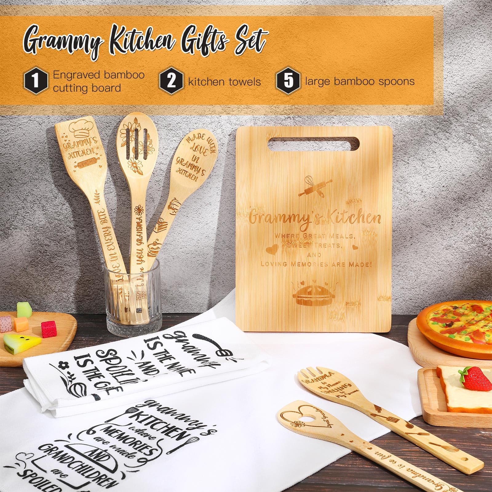 Gerrii 8-Piece Grammy Gift Set - Kitchen Towels, Dish Towels, Bamboo Cooking Spoons & Cutting Board - Perfect for Housewarming, Kitchen Decor & Grammy-Themed Gifts